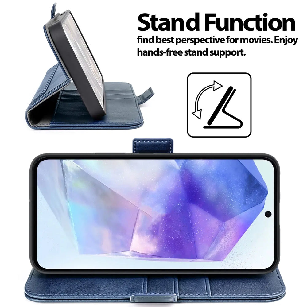 Blaue Leder-Klapphülle mit integriertem Ständer für Samsung Galaxy A36 5G.