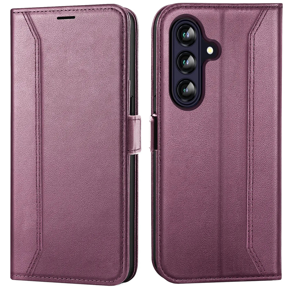 Lila Kunstleder-Klapphülle, Vorder- und Rückansicht, für Samsung Galaxy A36 5G.