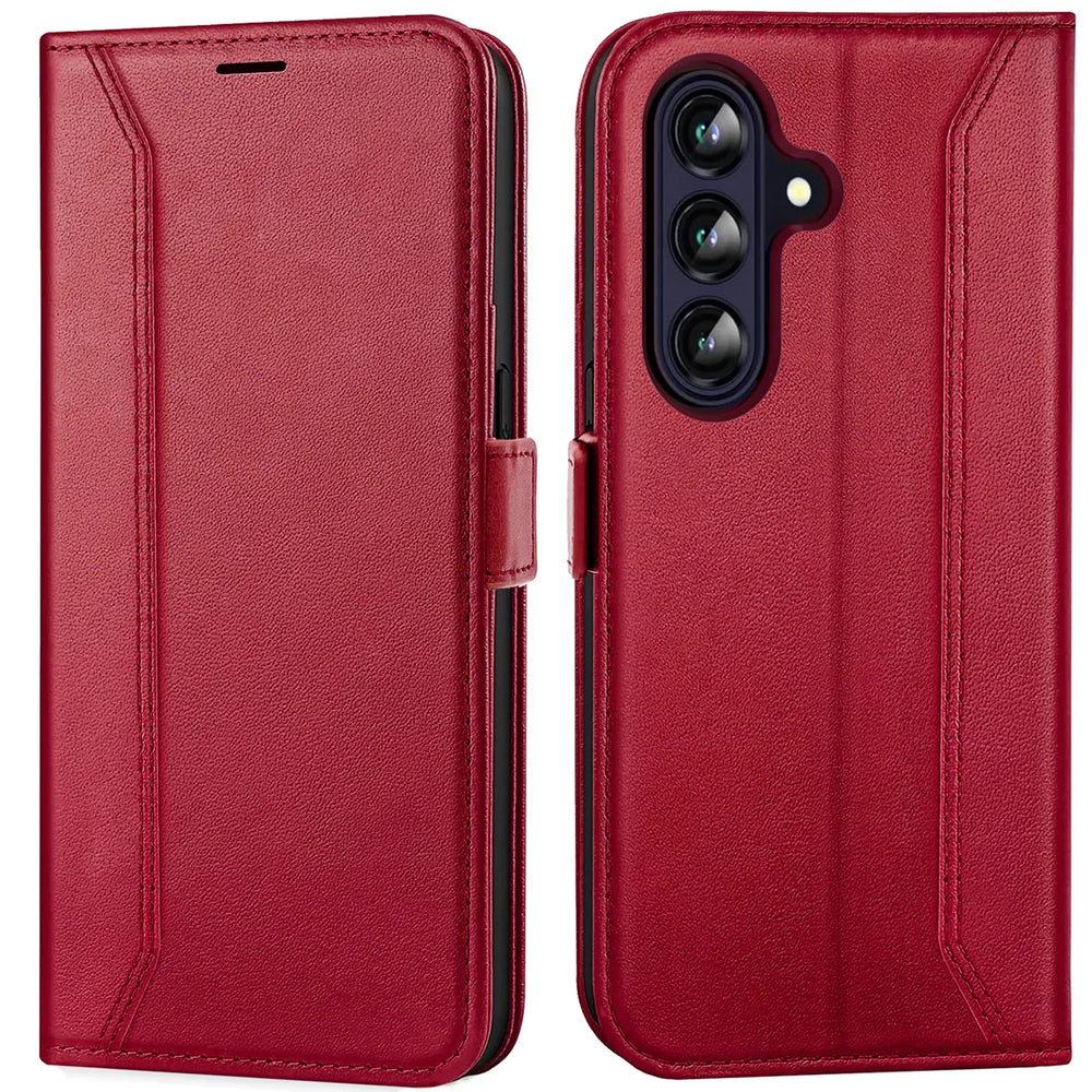 Rote Leder-Klapphülle für Samsung Galaxy A36 5G, Vorder- und Rückansicht.