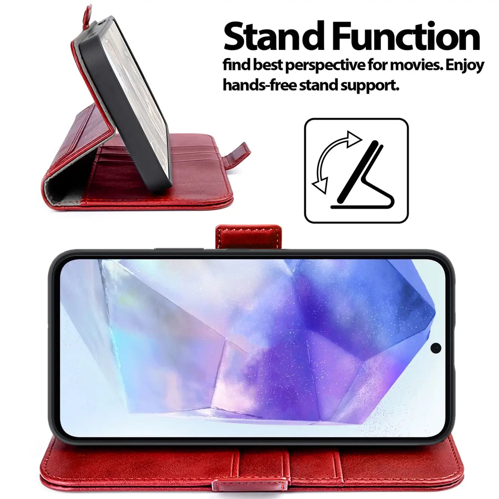 Rote Leder-Klapphülle mit integriertem Ständer für Samsung Galaxy A36 5G, Seitenansicht.