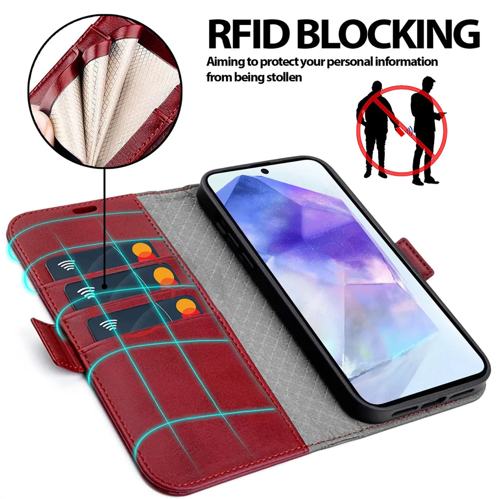 Rote Leder-Klapphülle mit Kartenfächern, zeigt Samsung Galaxy A36 5G.