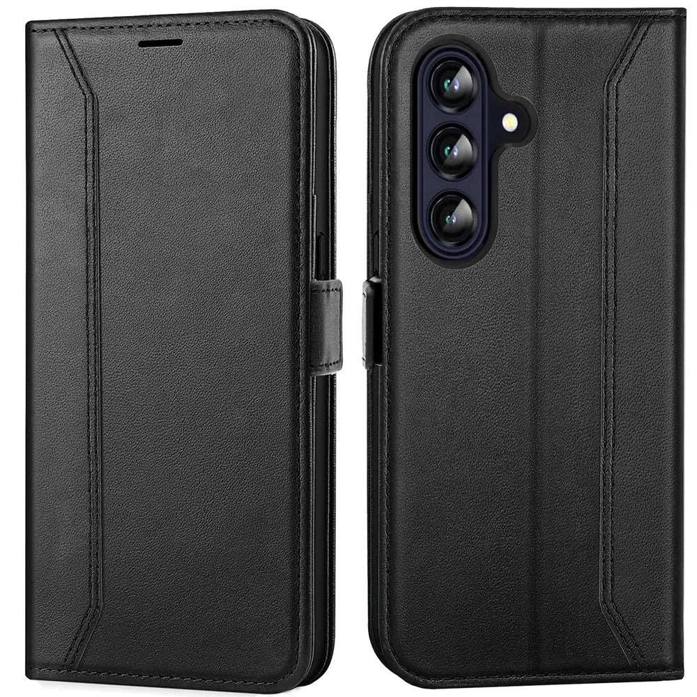 Schwarze Leder-Klapphülle mit RFID-Schutz, Vorder- und Rückansicht, für Samsung Galaxy A36 5G.