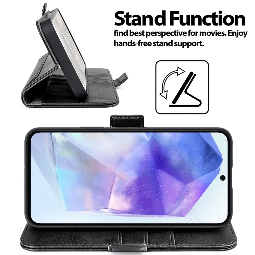 Schwarze Lederklapphülle mit Standfunktion für Samsung Galaxy A36 5G, von vorne und Seite