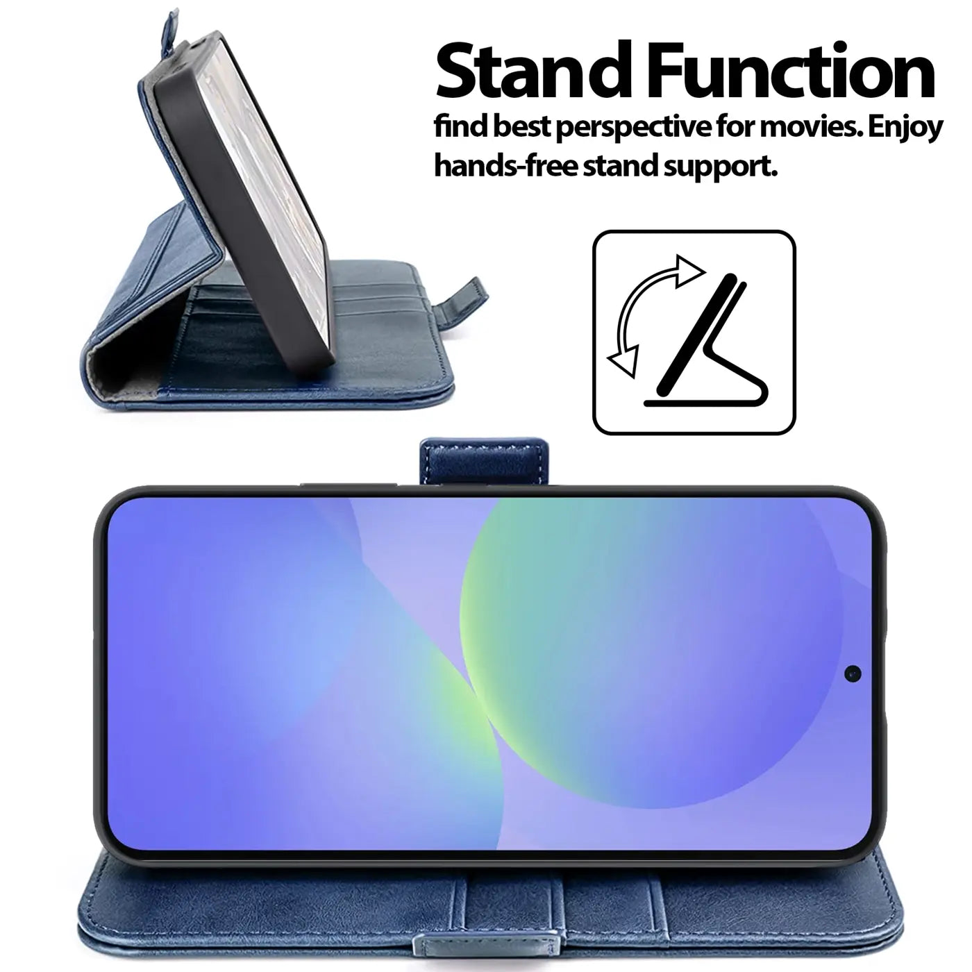 Blaue Kunstleder-Klapphülle mit Samsung Galaxy A37 5G, Seitenansicht und Frontansicht.