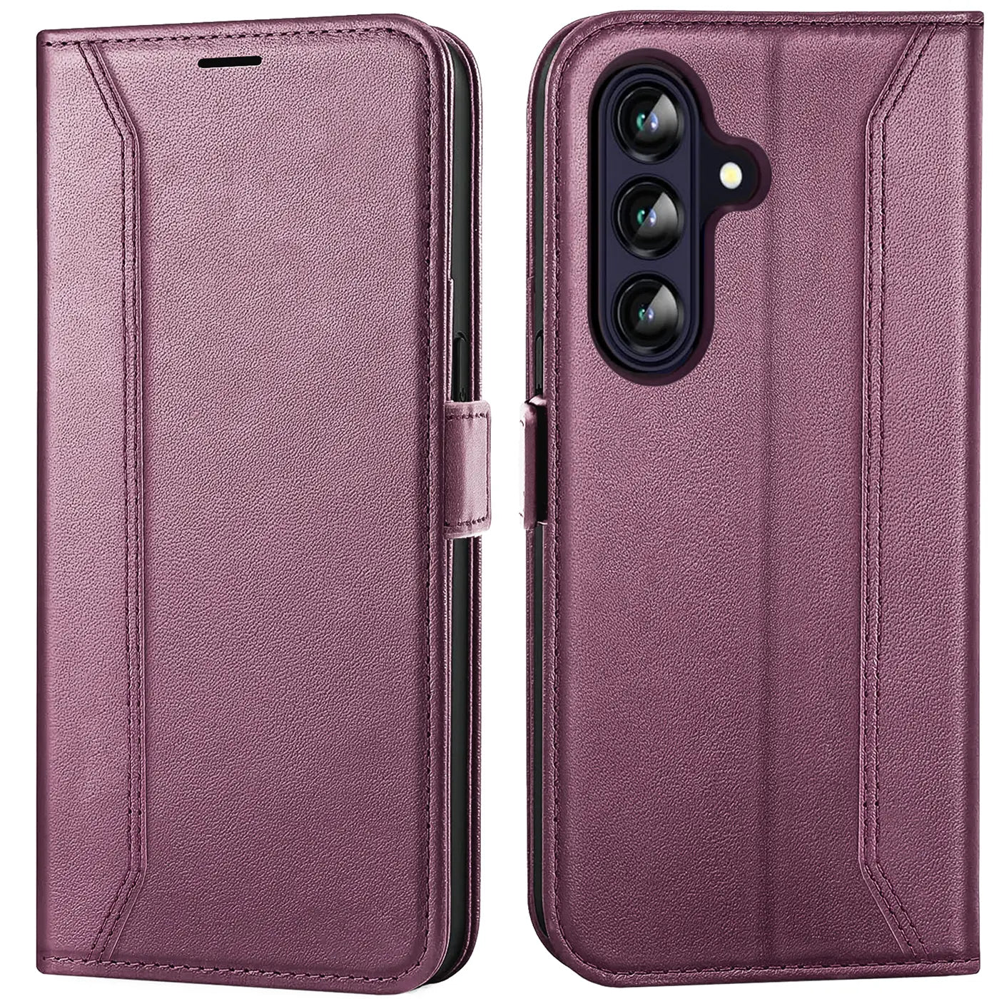 Lila Kunstleder-Klapphülle, Vorder- und Rückansicht, für Samsung Galaxy A37 5G.