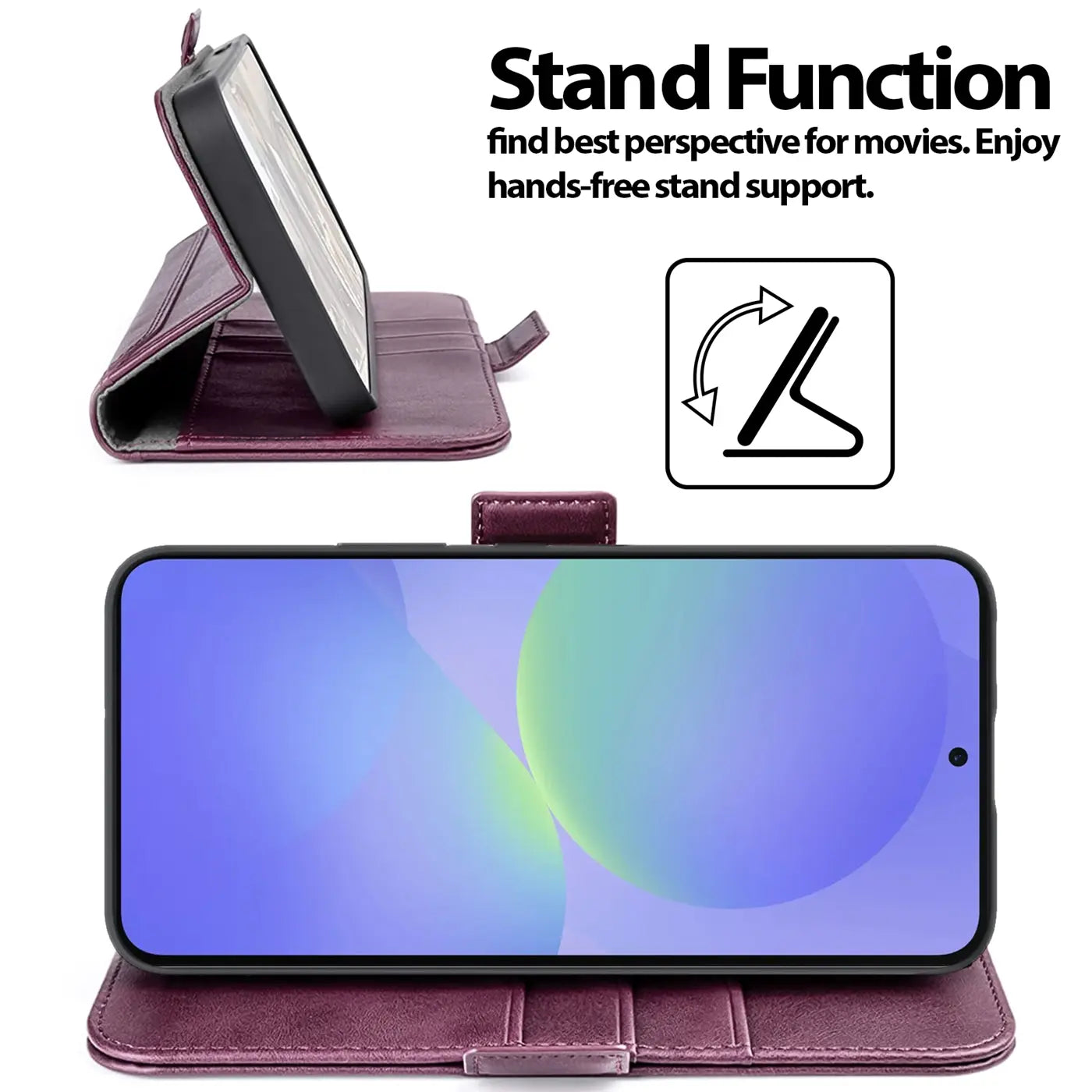 Dunkelrote Leder-Klapphülle im Querformat, Samsung Galaxy A37 5G mit Standfunktion