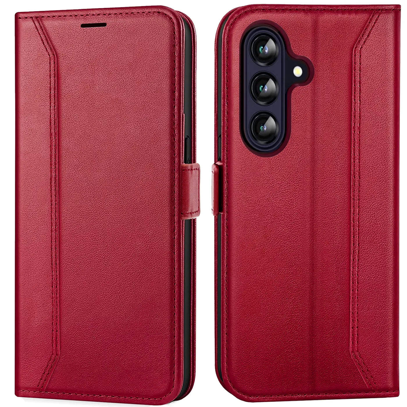 Rote Leder-Klapphülle mit RFID-Schutz für Samsung Galaxy A37 5G, Vorder- und Rückansicht.