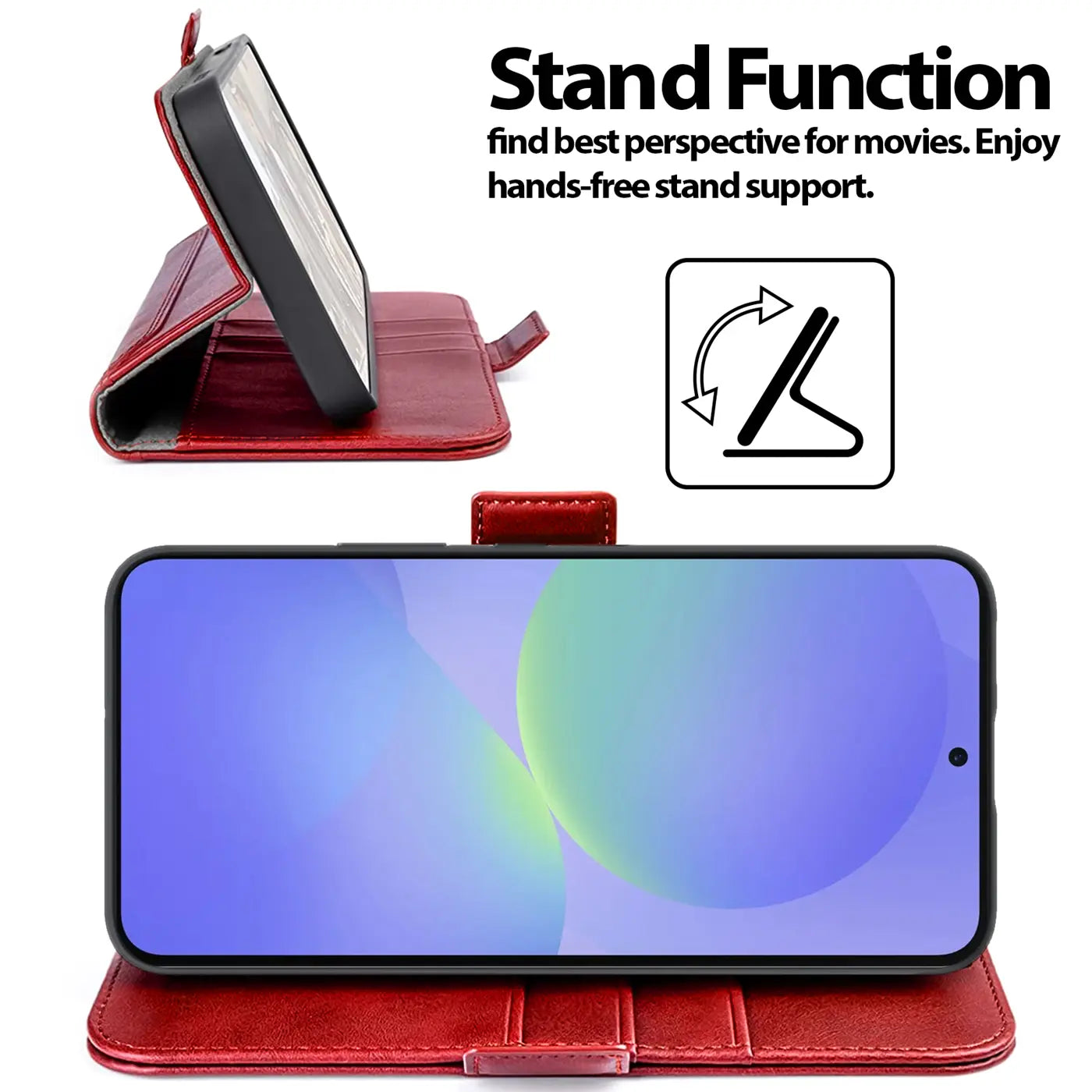 Rote Leder-Klapphülle, Seitenansicht/Frontansicht, zeigt aufgestelltes Samsung Galaxy A37 5G.
