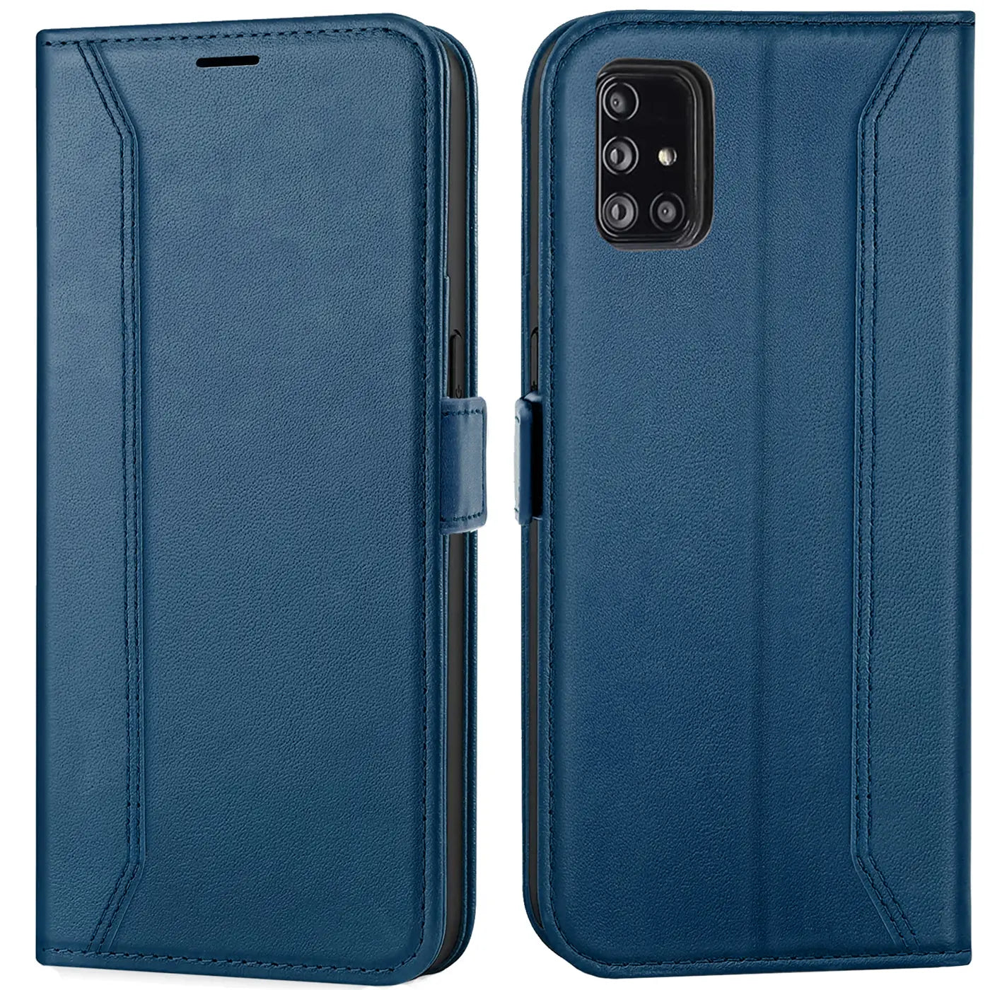 Blaue Leder-Klapphülle mit RFID-Schutz für Samsung Galaxy A51, Vorder- und Rückansicht.