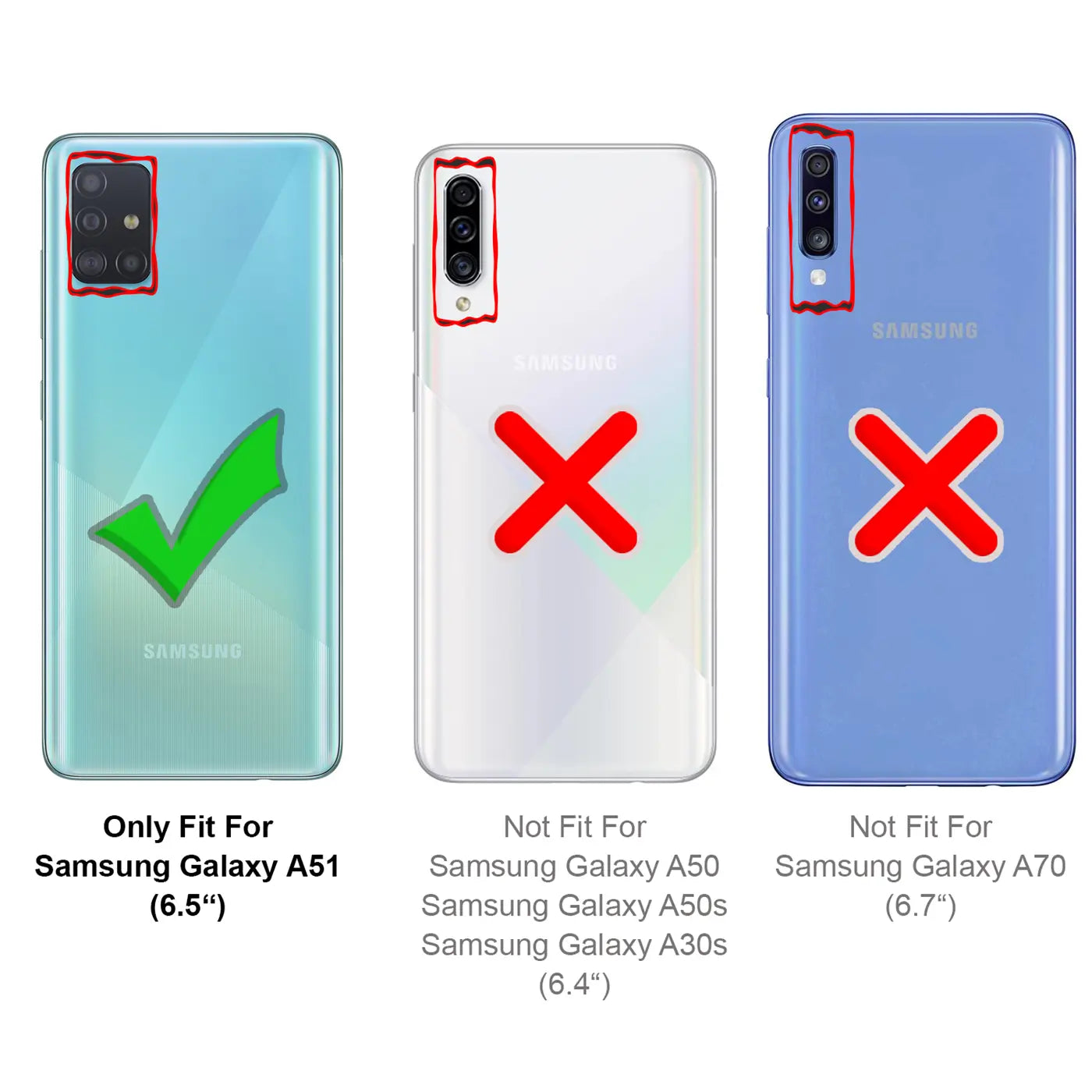 Rückseite Samsung Galaxy A51 (grün) mit Haken, A50/A50s/A30s (weiß) & A70 (blau) mit Kreuzen.