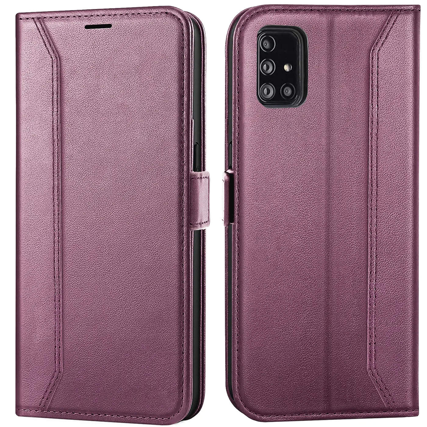 Lila Kunstleder-Klapphülle mit RFID-Schutz für Samsung Galaxy A51, Vorder- und Rückansicht