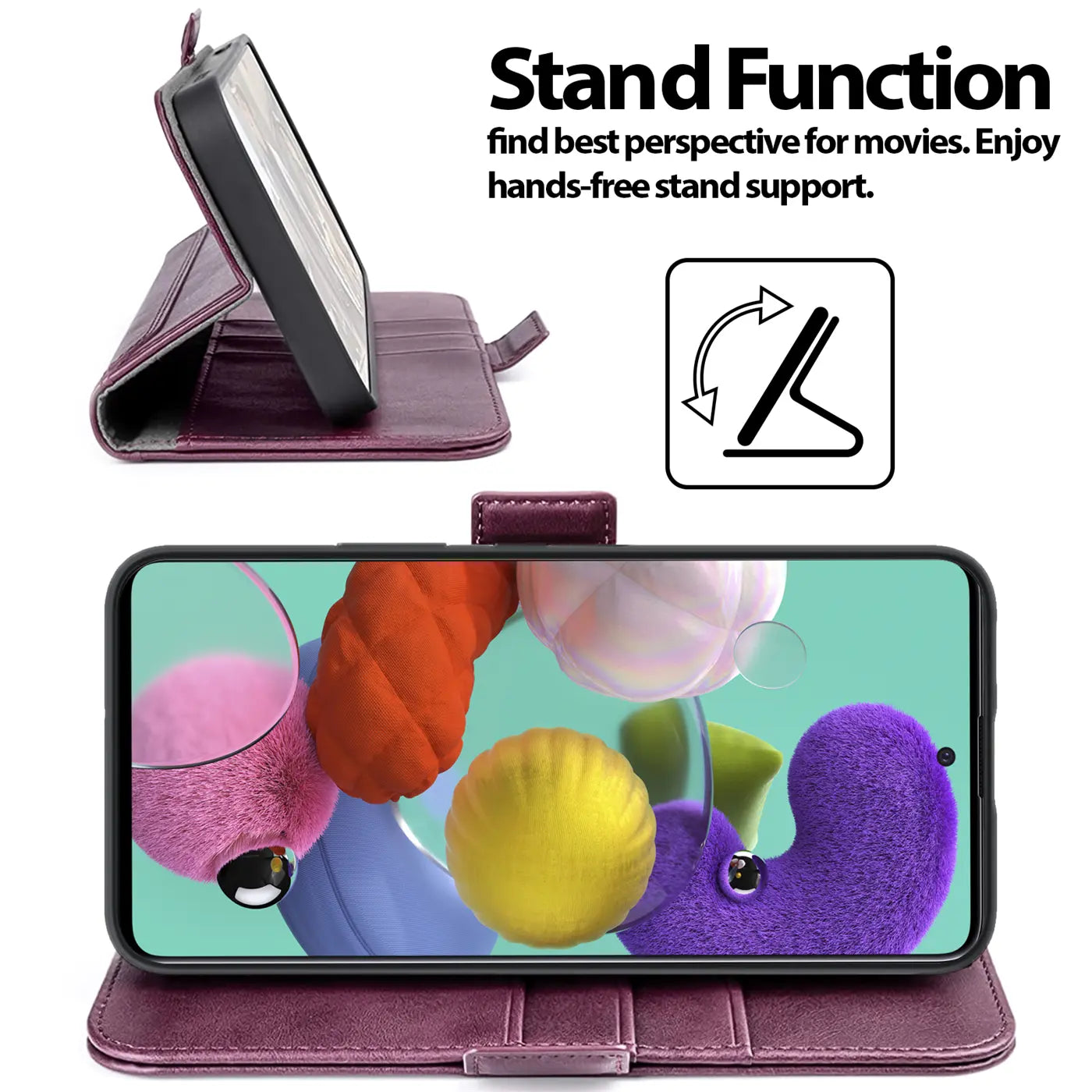 Dunkelrote Leder-Klapphülle mit Samsung Galaxy A51, Seitenansicht und Frontansicht.