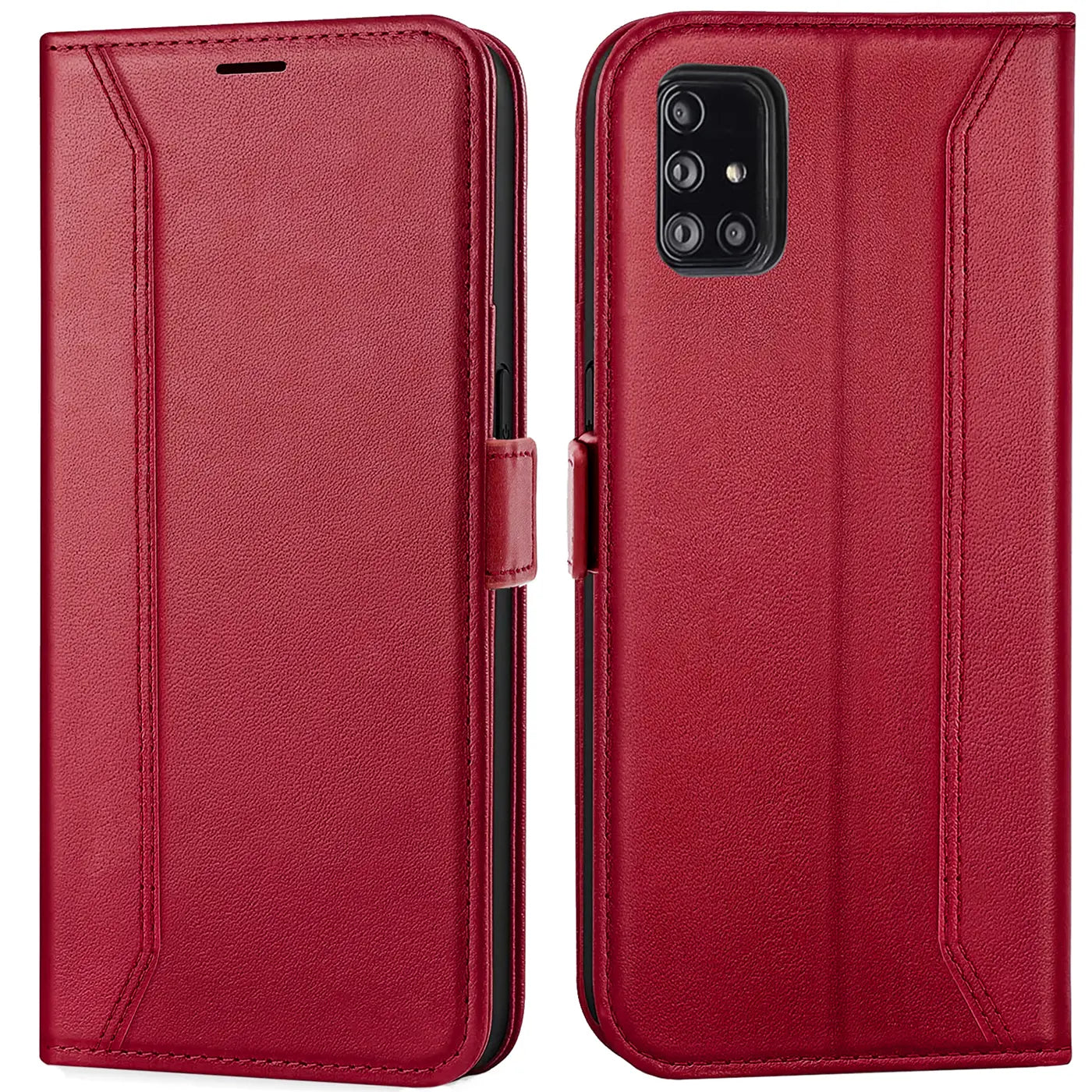 Rote Leder-Klapphülle für Samsung Galaxy A51, Vorder- und Rückansicht.