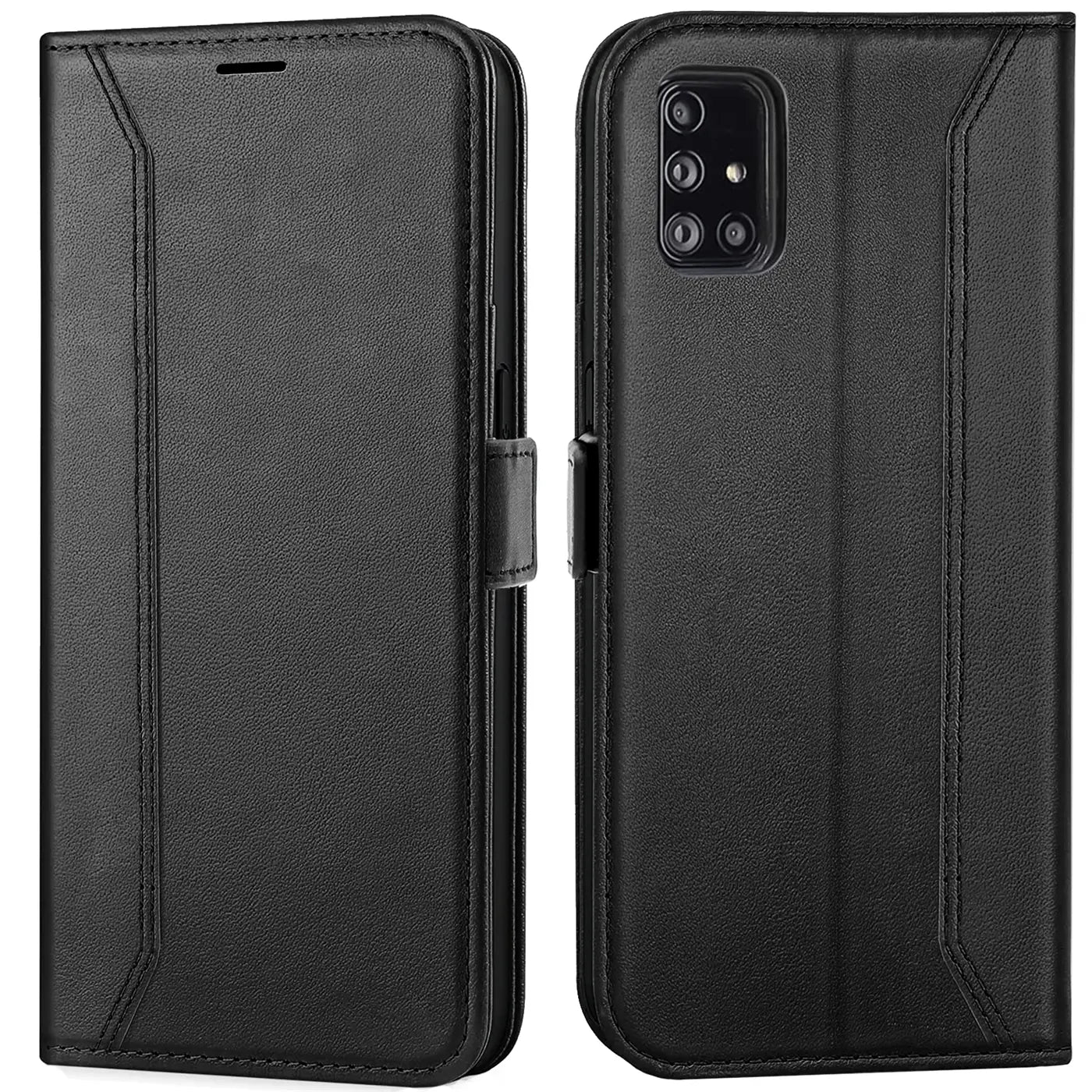 Schwarze Leder-Klapphülle mit RFID-Schutz, Vorder- und Rückansicht, für Samsung Galaxy A51