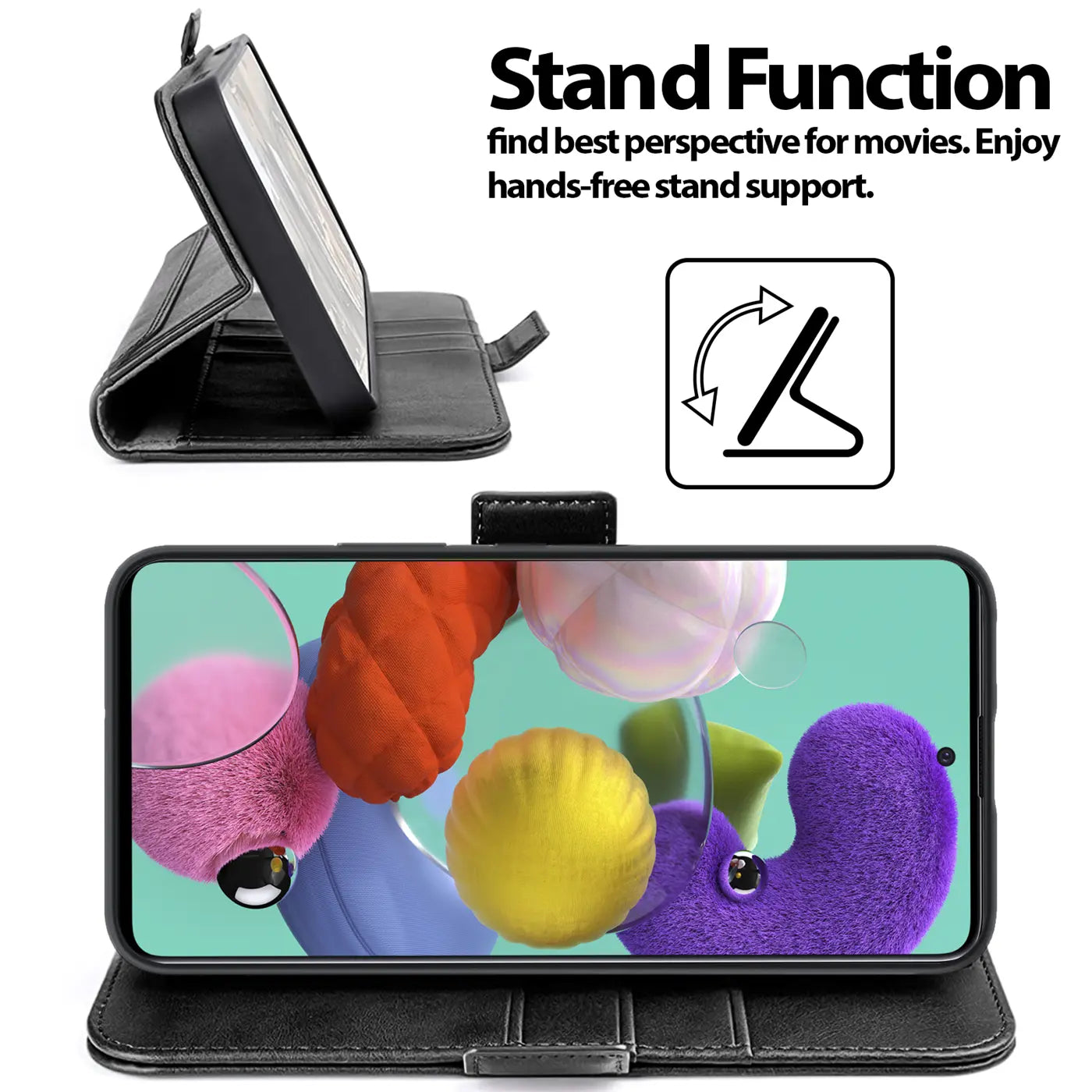 Schwarze Kunstleder-Klapphülle, seitliche Ansicht und Frontansicht, zeigt Samsung Galaxy A51.