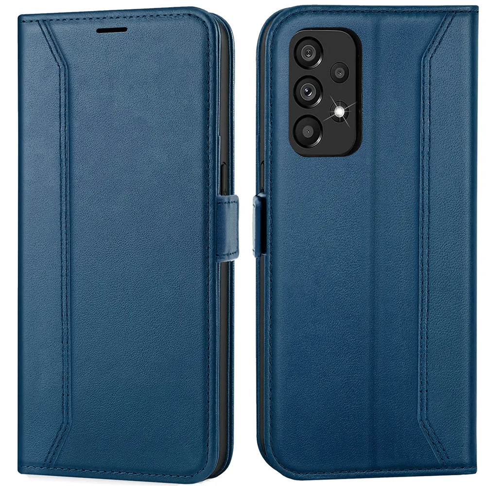 Blaue Leder-Klapphülle für Samsung Galaxy A52/A52s 5G, Vorder- und Rückansicht.