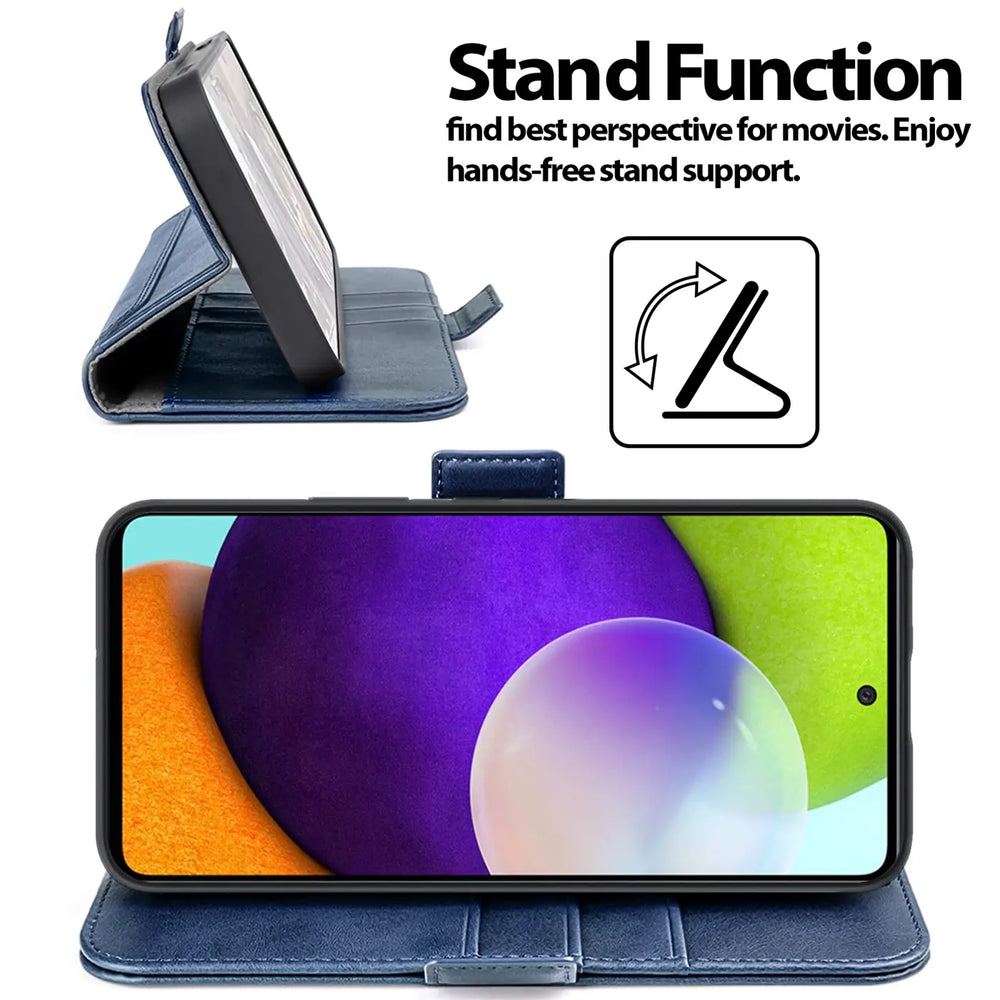 Blaue Kunstleder-Klapphülle mit Standfunktion für Samsung A52/A52s 5G, von vorne und Seite