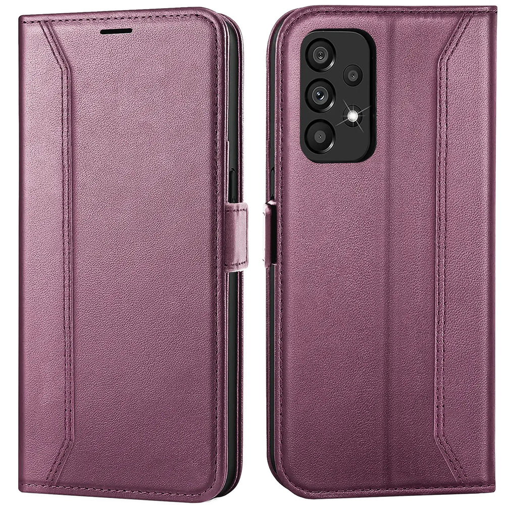 Lila Leder-Klapphülle, Vorder- und Rückansicht, für Samsung Galaxy A52