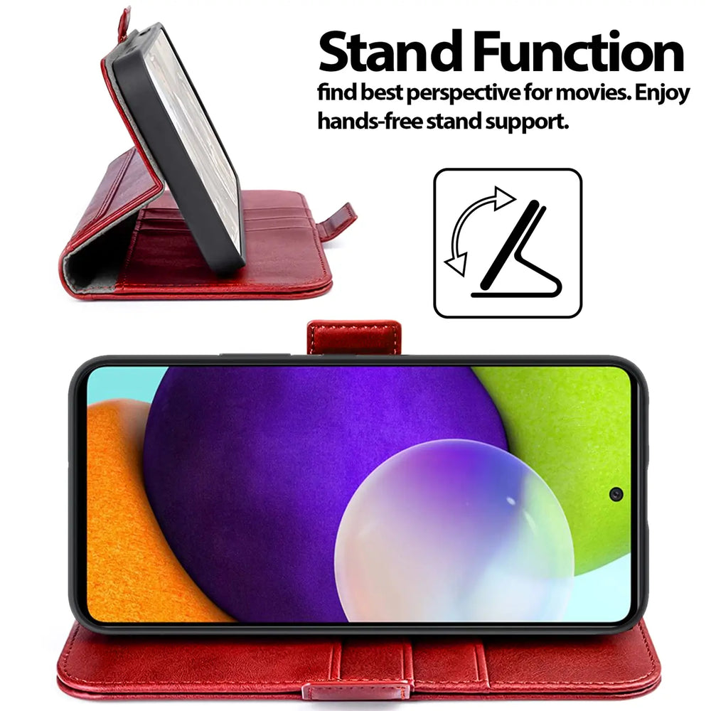 Rote Leder-Klapphülle mit Ständerfunktion, zeigt ein Samsung Galaxy A52.