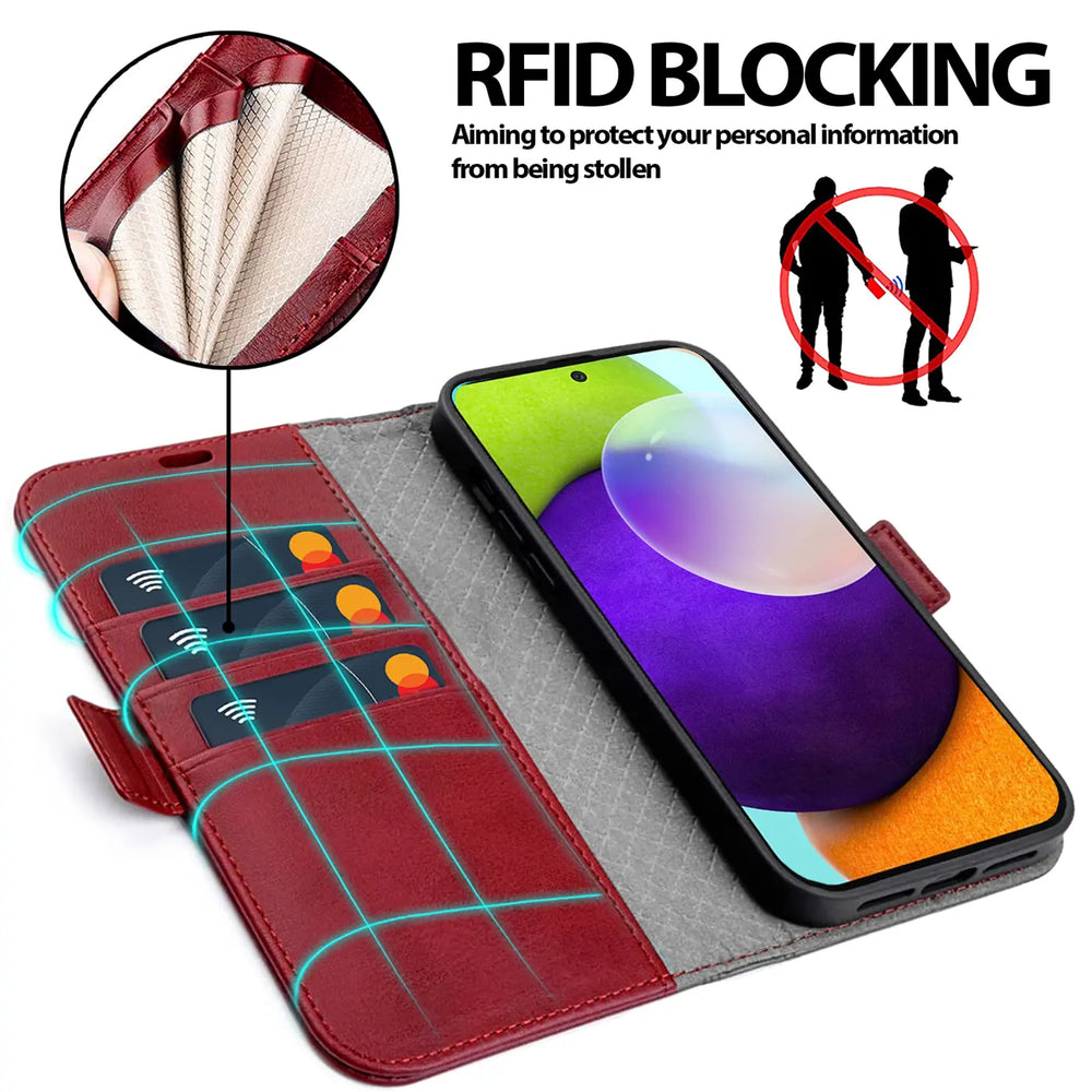 Rote Leder-Klapphülle mit Kartenfächern und Samsung Galaxy A52.