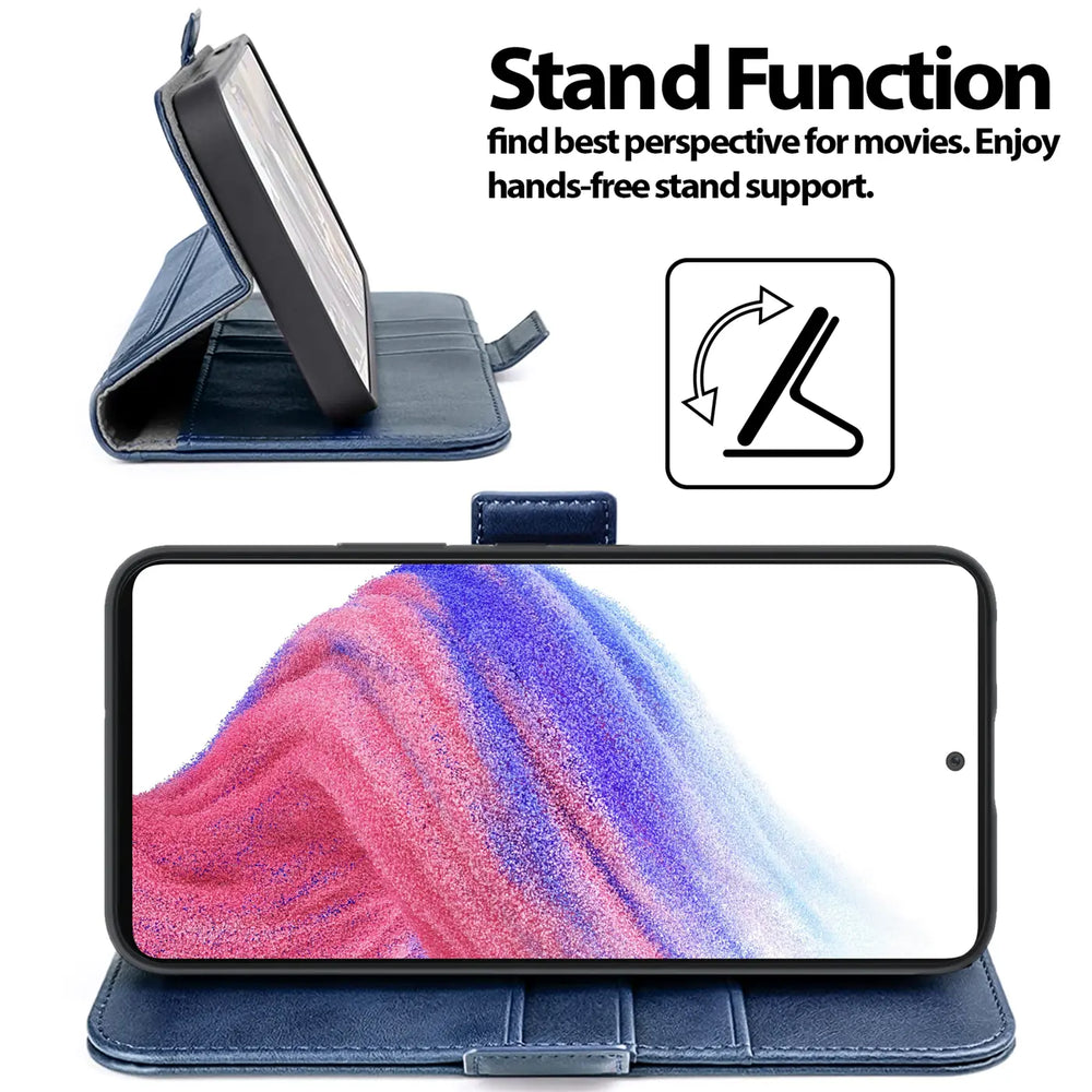 Blaue Kunstleder-Klapphülle mit integriertem Ständer für Samsung Galaxy A53 5G, Seitenansicht.