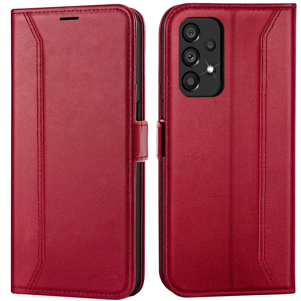 Rote Kunstleder-Klapphülle mit RFID-Schutz, Vorder- und Rückansicht, Samsung Galaxy A53 5G