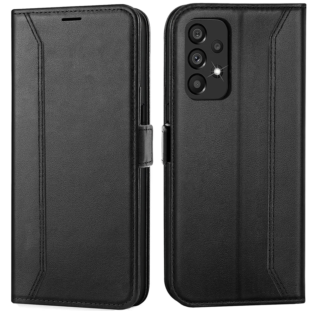 Schwarze Leder-Klapphülle für Samsung Galaxy A53 5G, Vorder- und Rückansicht
