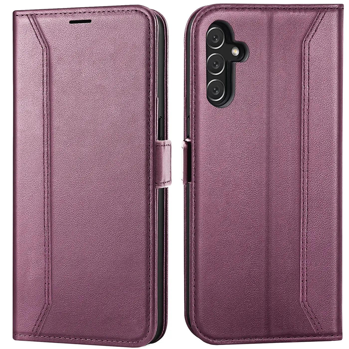 Lila Kunstleder-Klapphülle, Vorder- und Rückansicht, mit Samsung Galaxy A54 5G.