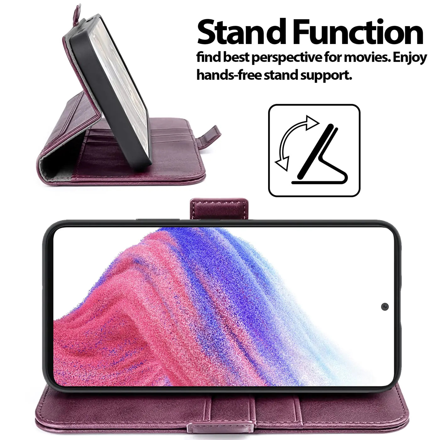 Dunkelrote Leder-Klapphülle mit Ständerfunktion für Samsung Galaxy A54 5G.