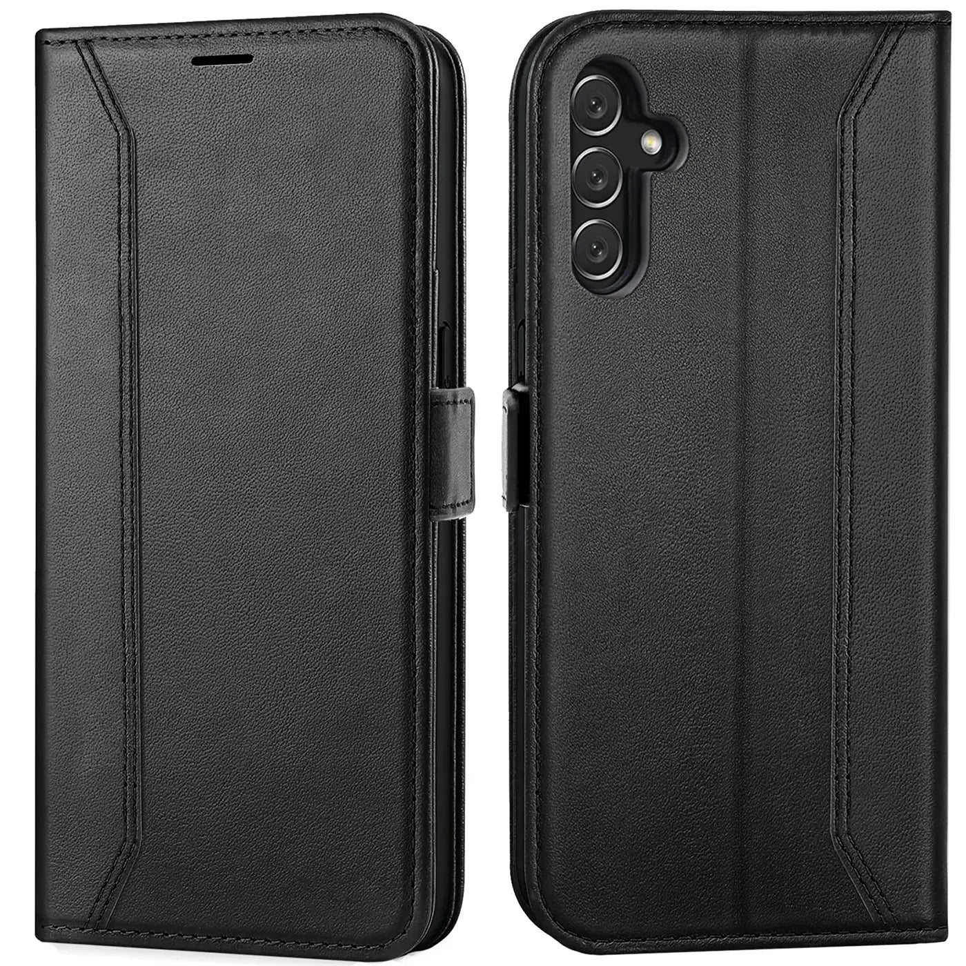 Schwarze Leder-Klapphülle, Vorder- und Rückansicht, mit Samsung Galaxy A54 5G