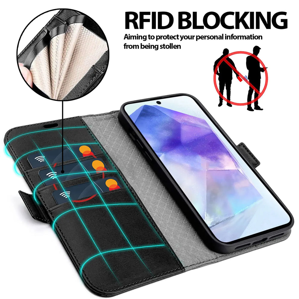 Samsung Galaxy A57 5G Klapphülle im Lederlook mit RFID Block in Schwarz