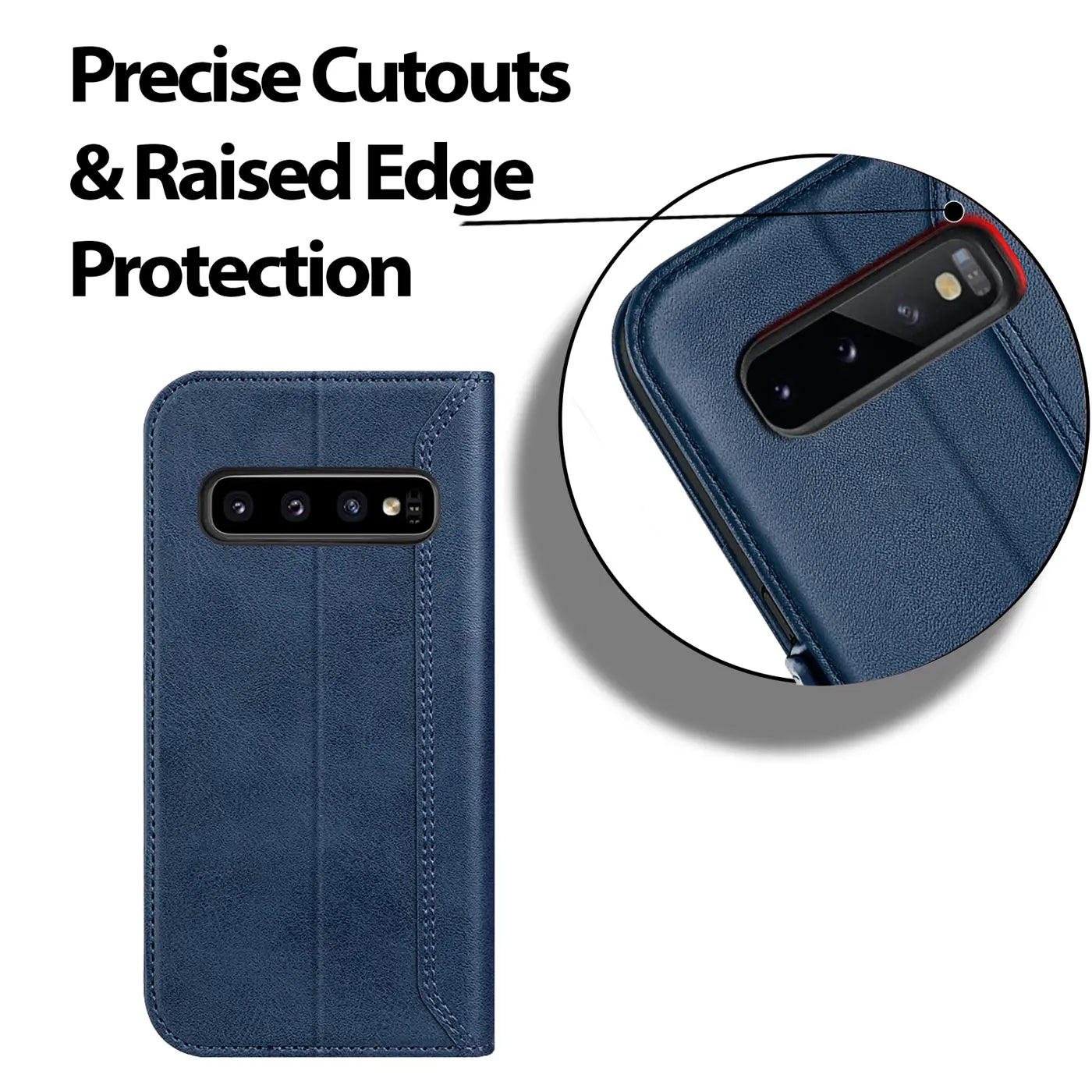 Blaue Leder-Klapphülle für Samsung Galaxy S10, Vorderansicht & Detailansicht