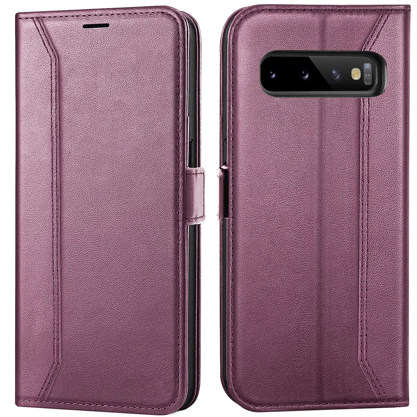 Lila Leder Klapphülle, Vorder- und Rückansicht, Samsung S10 Plus.