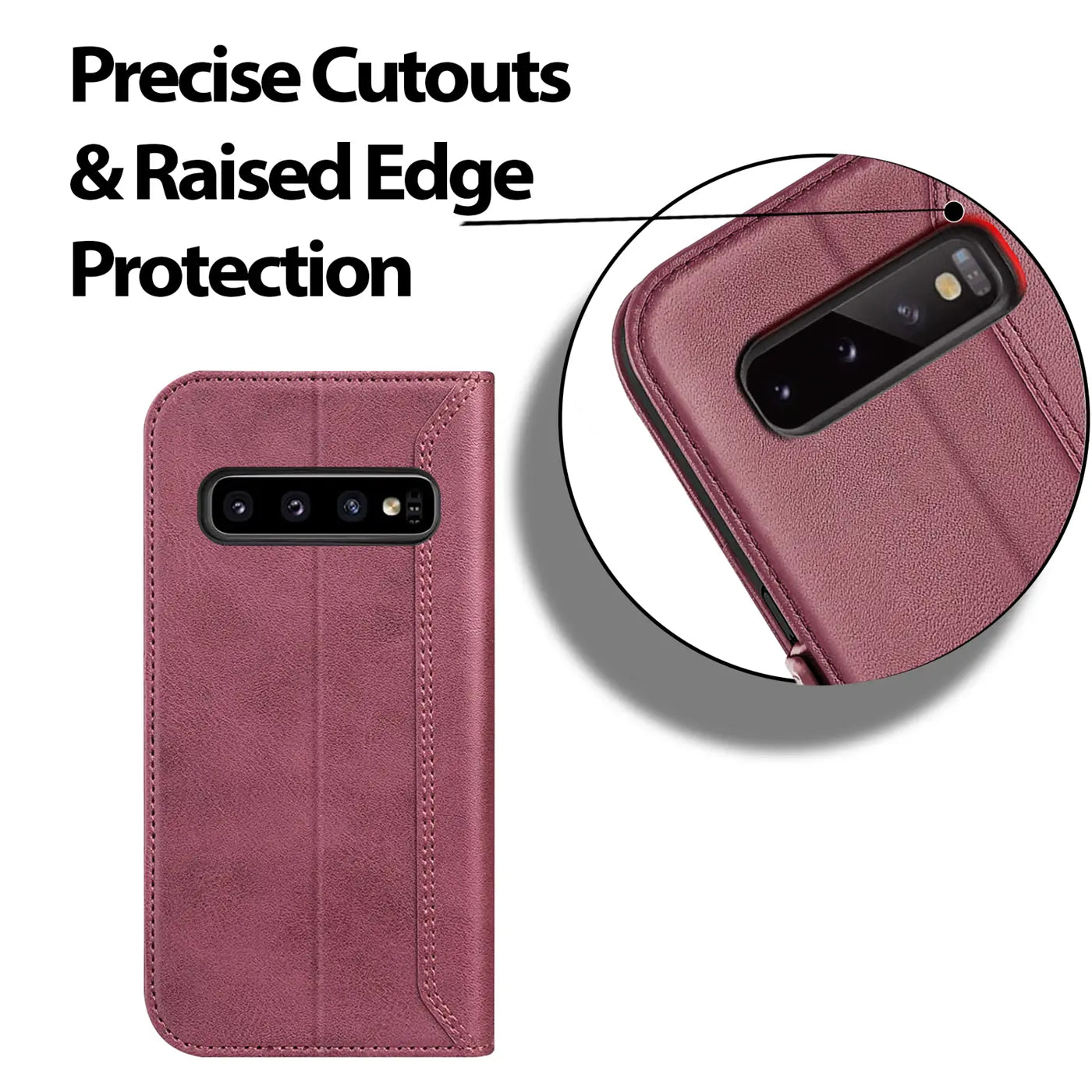Dunkelrote Leder-Klapphülle für Samsung Galaxy S10 Plus, Vorderansicht mit Nahaufnahme der Kamera.