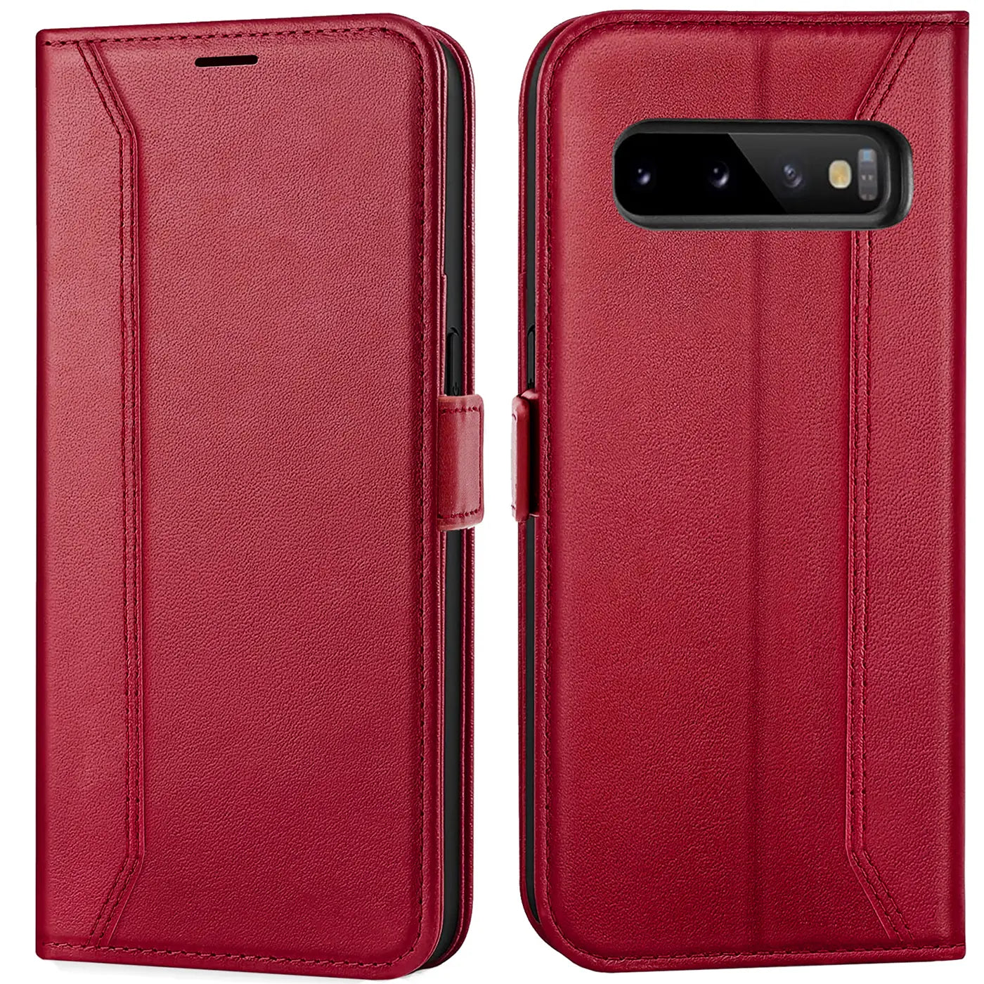 Rote Leder-Klapphülle, Vorder- und Rückseite, Samsung Galaxy S10 Plus erkennbar.