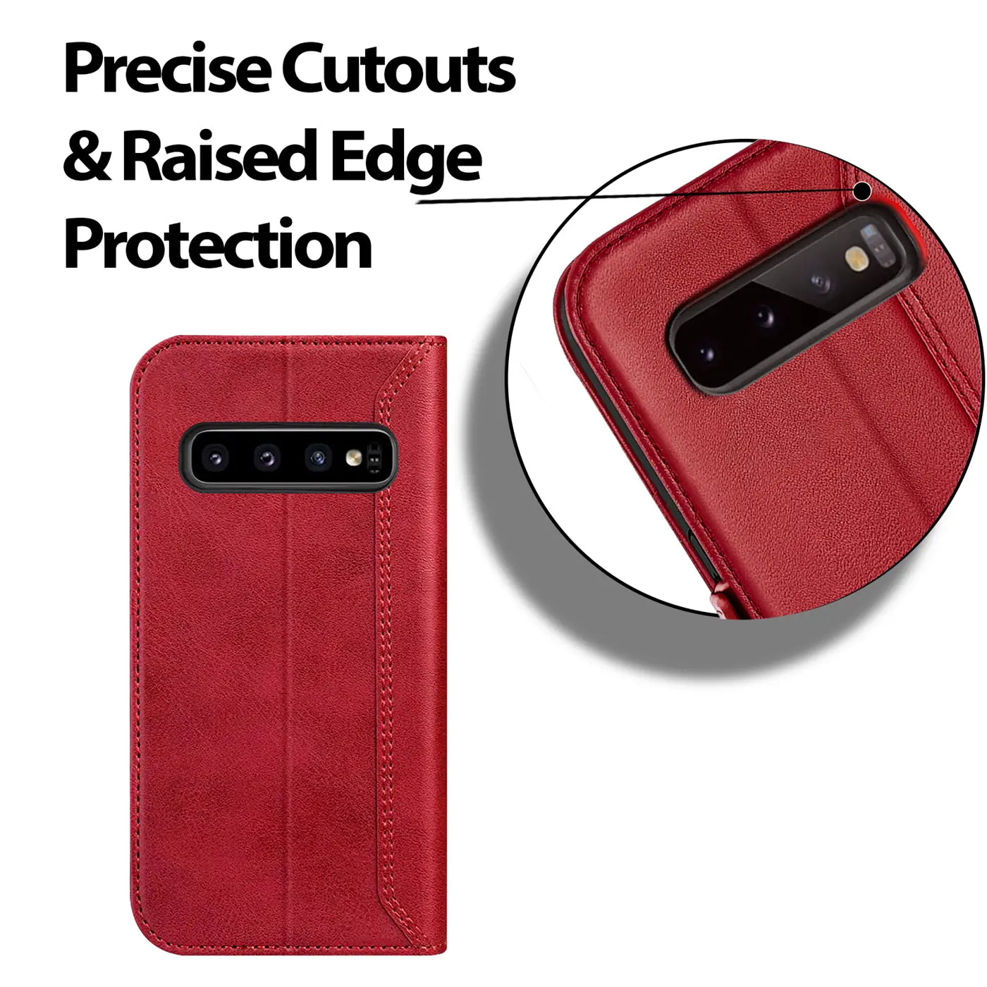 Rote Leder-Klapphülle für Samsung Galaxy S10 Plus, Nahaufnahme der Kameraaussparung.