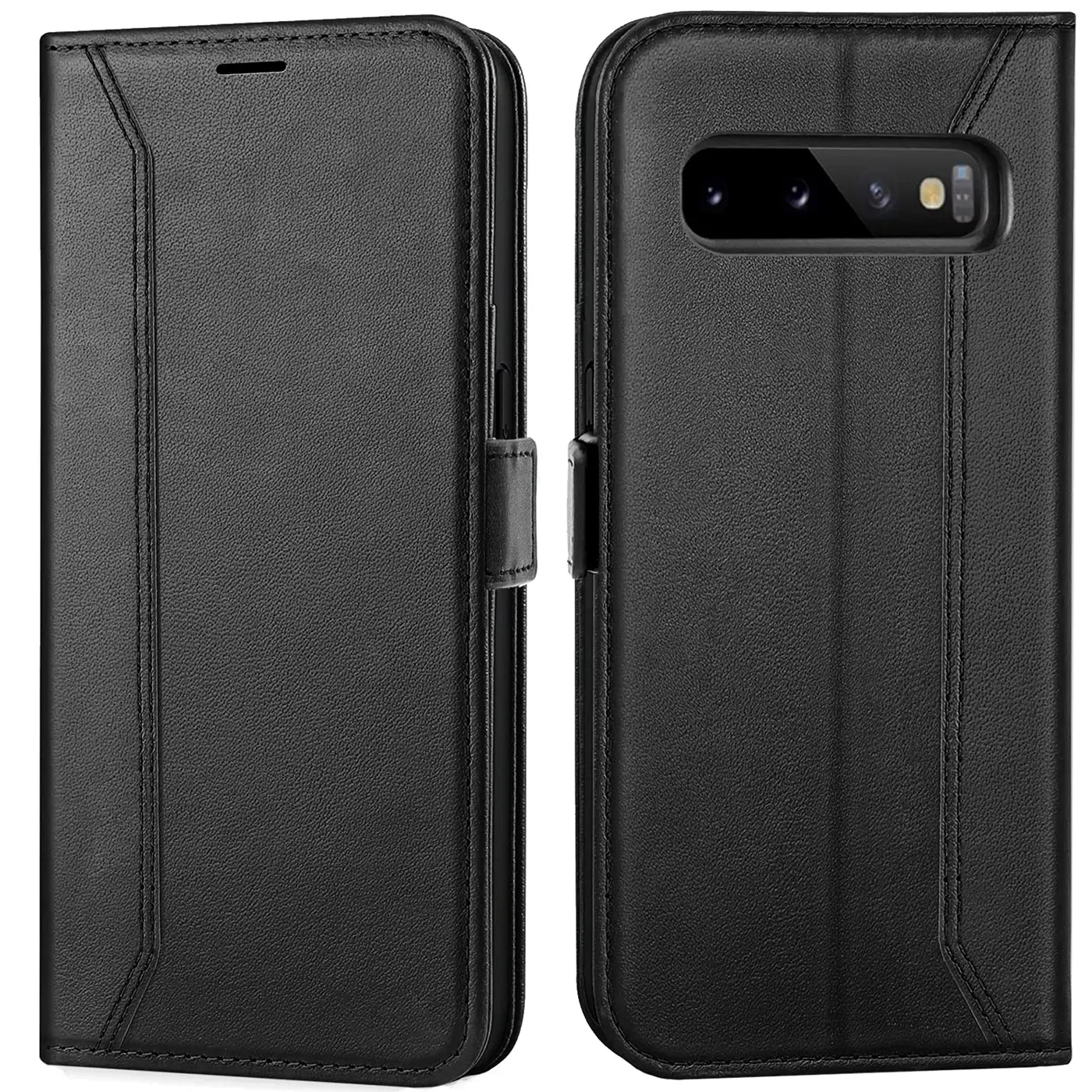 Schwarze Leder-Klapphülle, Vorder- und Rückansicht, für Samsung Galaxy S10 Plus