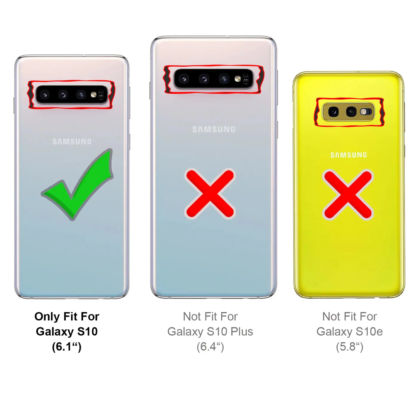 Drei Samsung Handys: S10 (grüner Haken), S10 Plus & S10e (rote Kreuze)