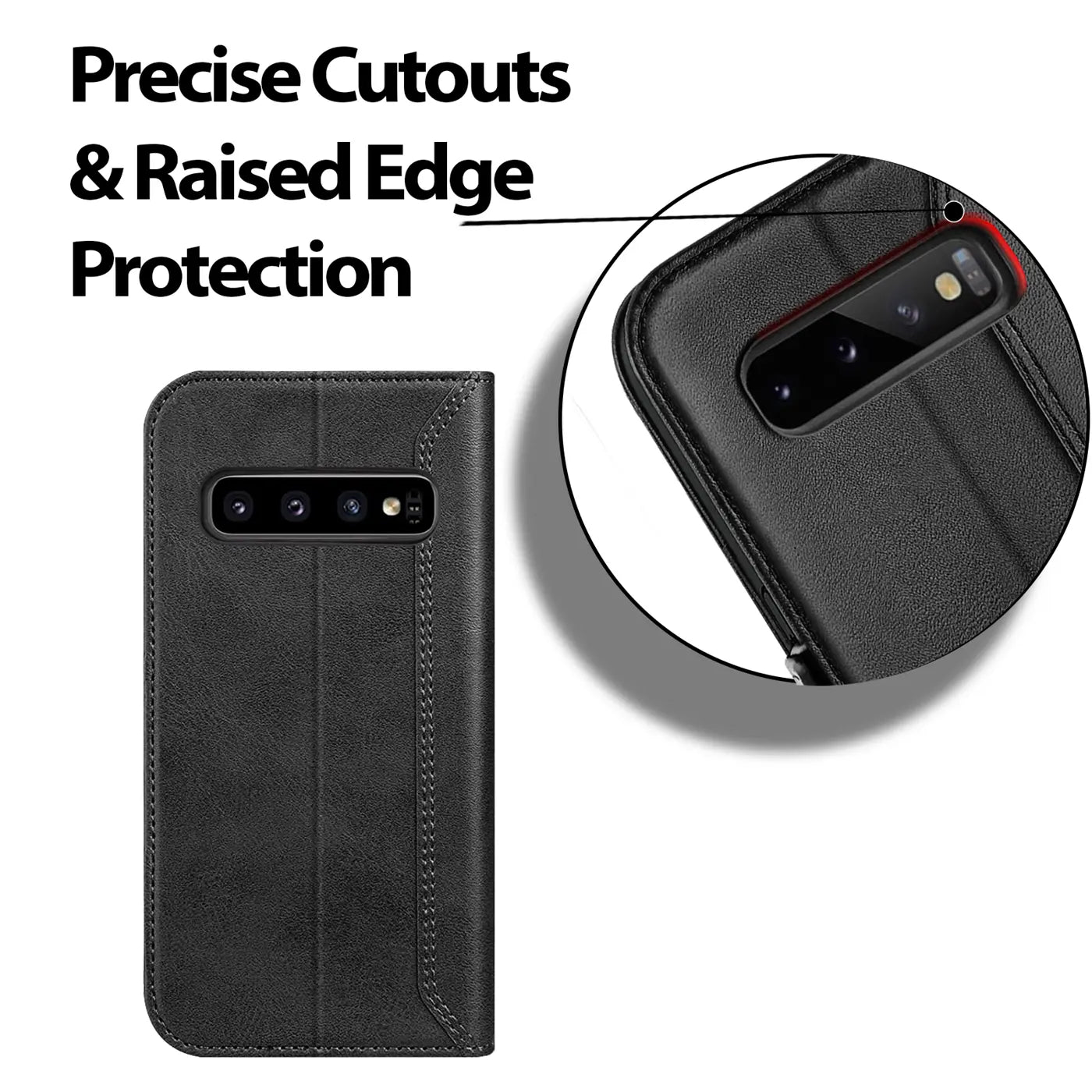 Schwarze Leder-Klapphülle für Samsung Galaxy S10, Seitenansicht mit Kameradetail.