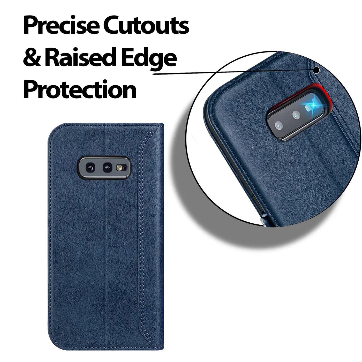 Dunkelblaue Kunstleder-Klapphülle für Samsung Galaxy S10e, Vorder- und Detailansicht.
