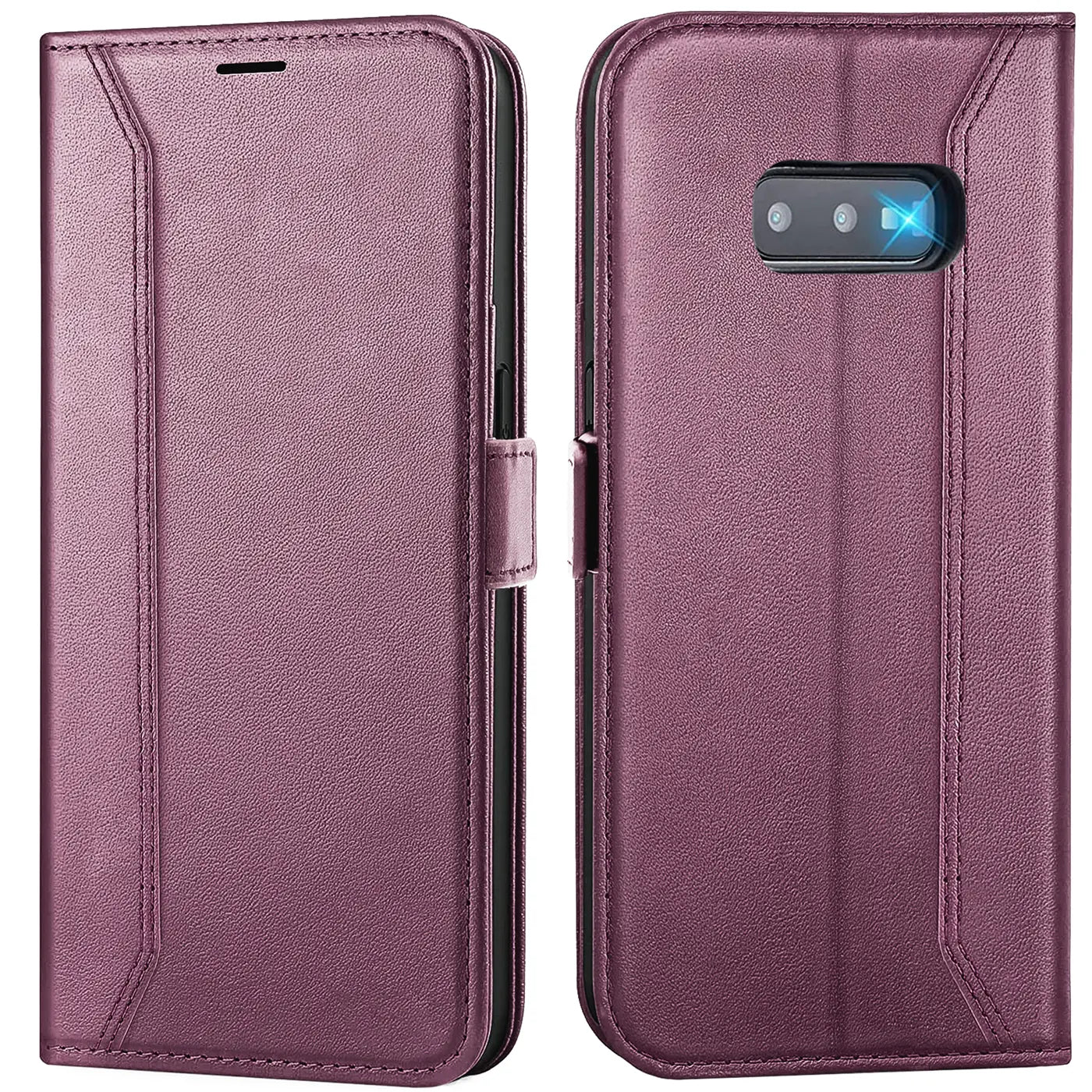 Lila Leder-Klapphülle, Vorder- und Rückansicht, für Samsung Galaxy S10e