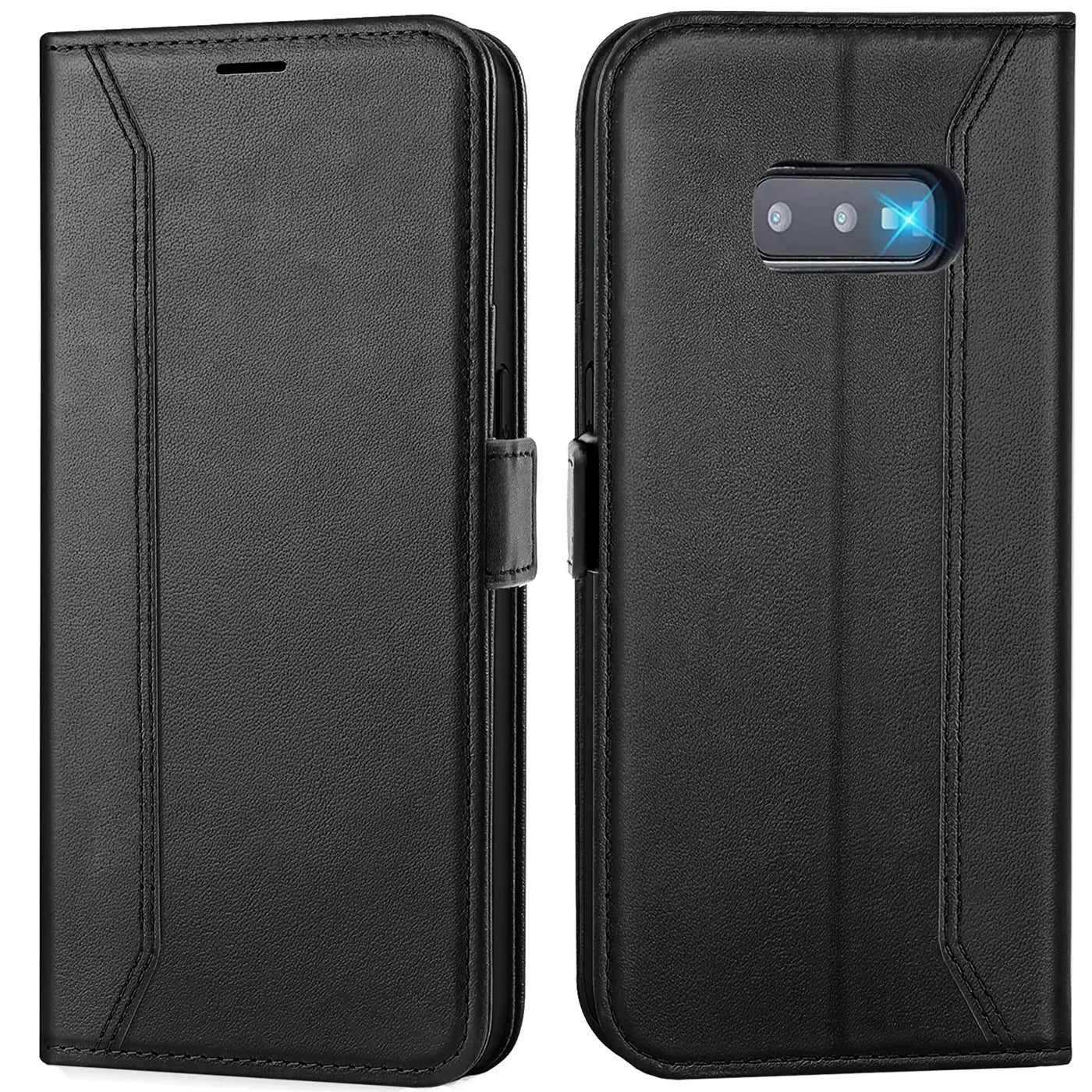 Schwarze Leder-Klapphülle für Samsung Galaxy S10e, Vorder- und Rückansicht.