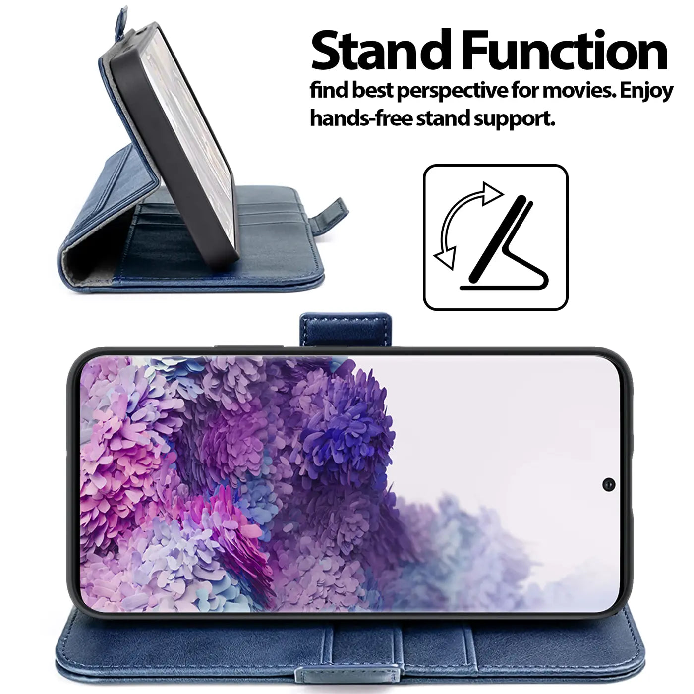 Blaue Kunstlederhülle mit Ständerfunktion für Samsung Galaxy S20, von vorne und Seite