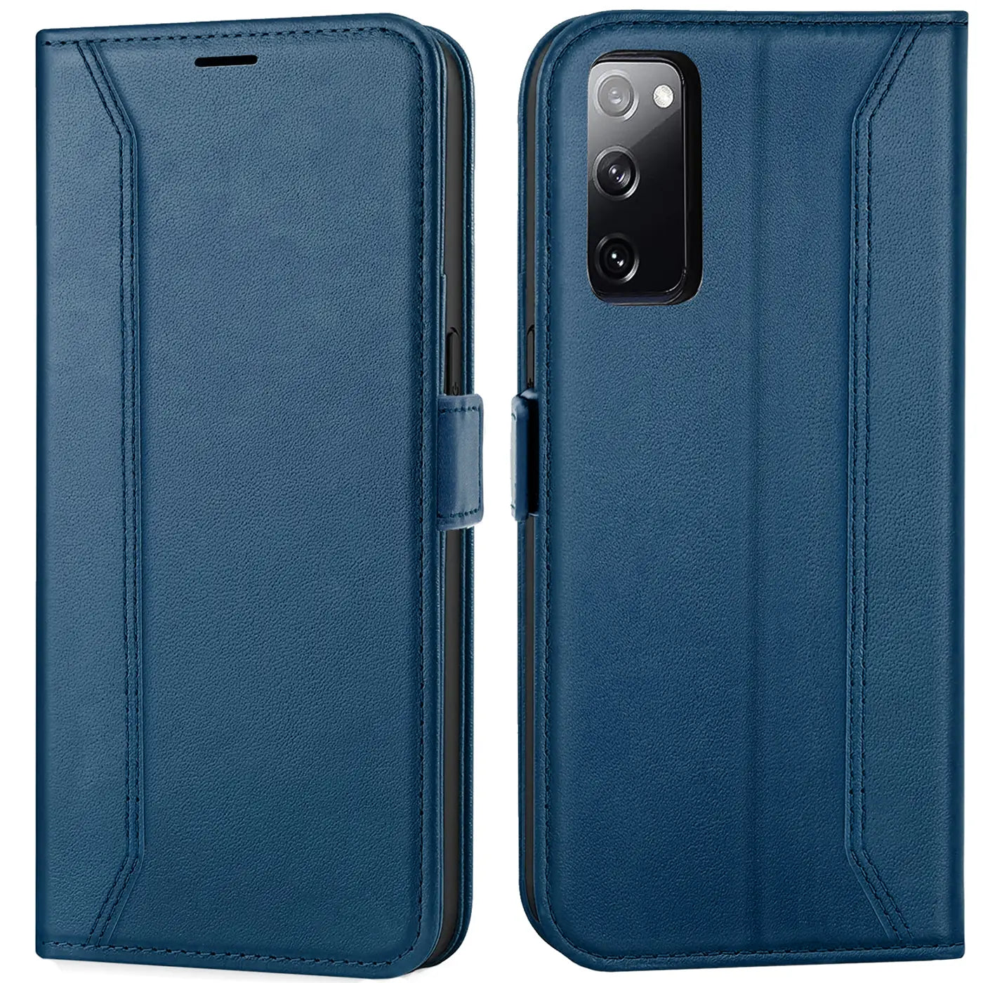 Blaue Kunstleder-Klapphülle für Samsung Galaxy S20 FE, Vorder- und Rückansicht.