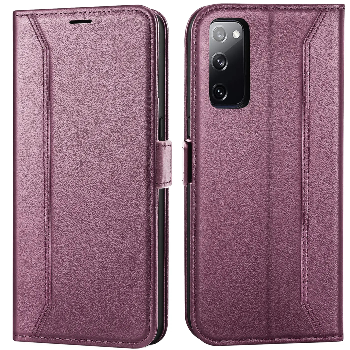 Lila Leder-Klapphülle mit RFID-Schutz für Samsung Galaxy S20 FE, Vorder- und Rückansicht