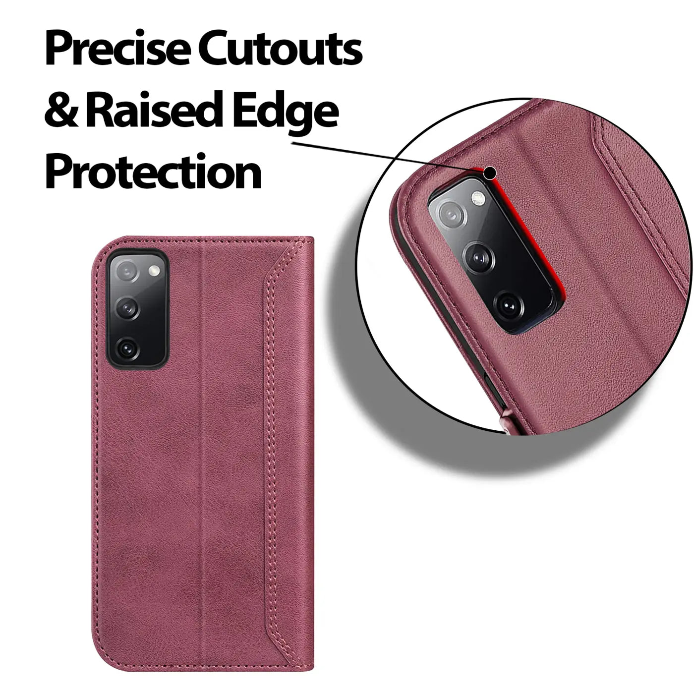 Dunkelrote Leder-Klapphülle mit Nahaufnahme der Kameraaussparung eines Samsung Galaxy S20 FE.