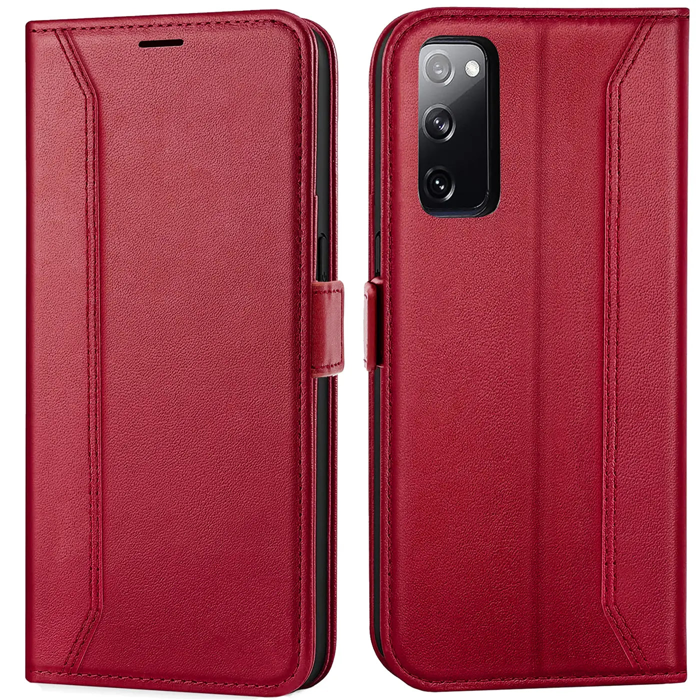 Rote Leder-Klapphülle mit RFID-Schutz für Samsung Galaxy S20 FE, Vorder- und Rückansicht.