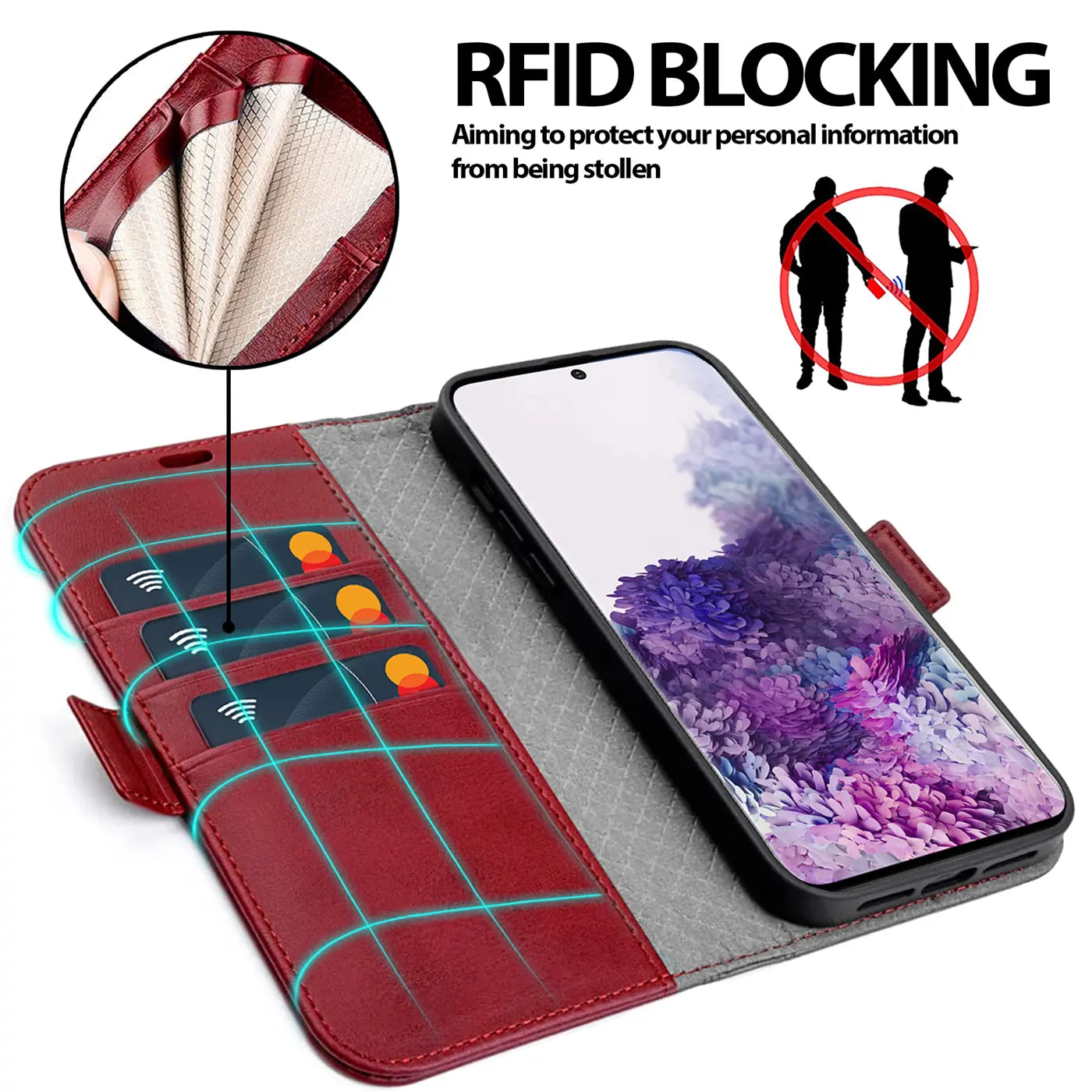 Rote Leder-Klapphülle mit Kartenfächern und Samsung S20 FE, von oben schräg gezeigt.