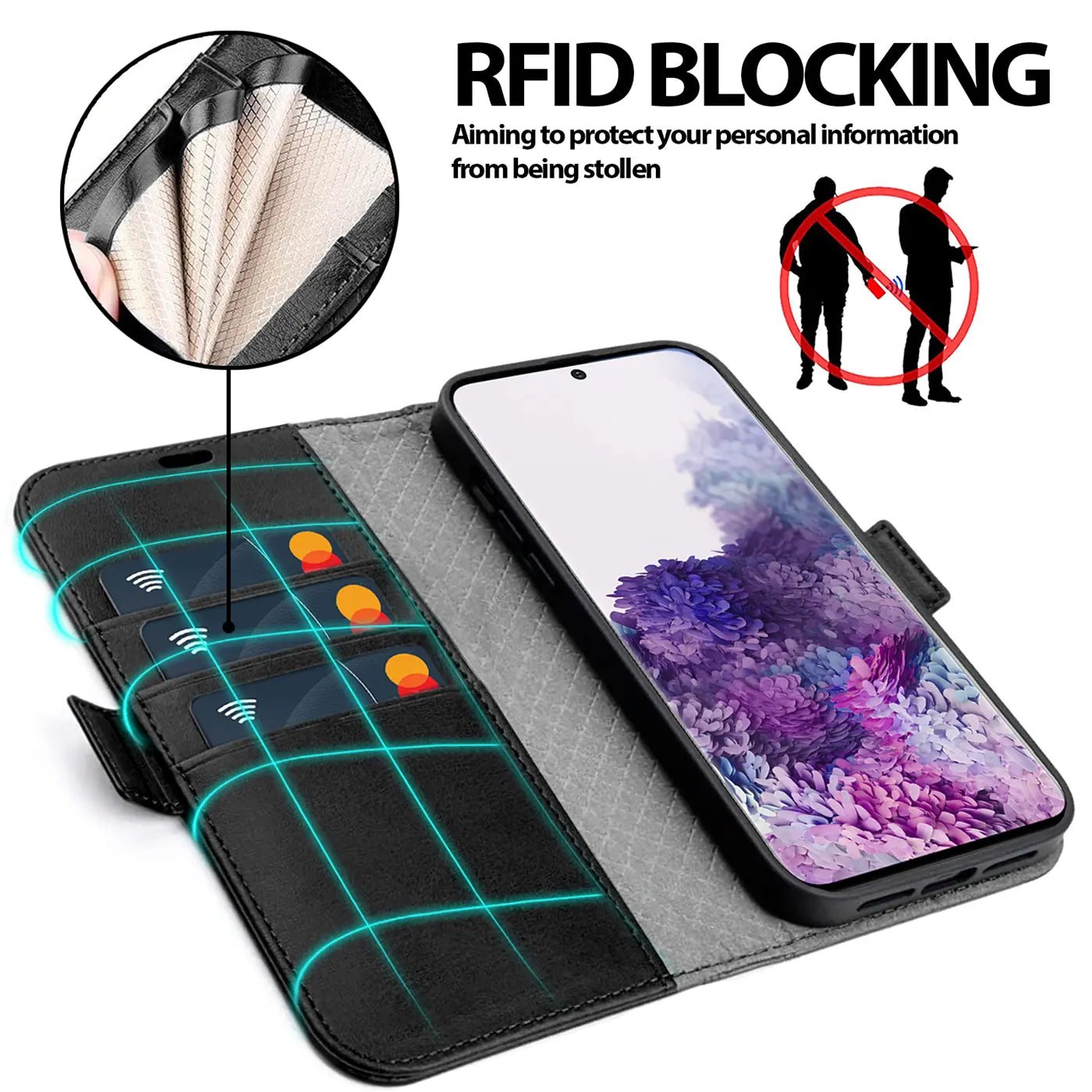 Schwarze Leder-Klapphülle mit Kartenfächern, hält Samsung S20 FE. RFID-Schutz.