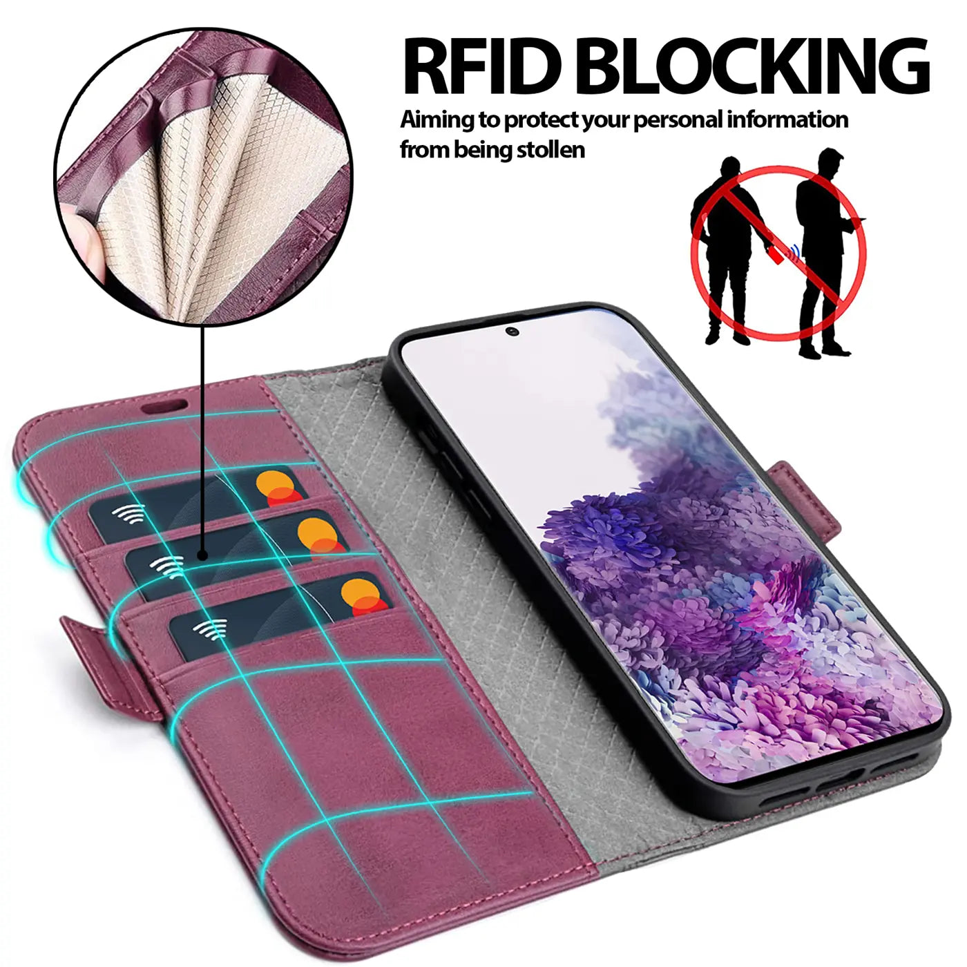 Lila Kunstleder-Klapphülle mit Kartenfächern und Samsung Galaxy S20, von oben.